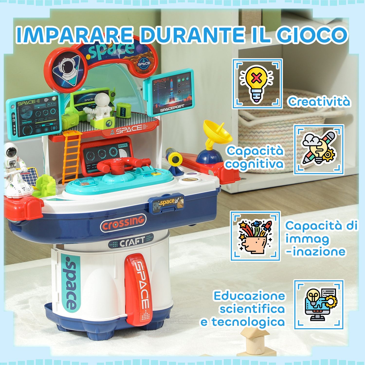 Banco da lavoro giocattolo da 21 pezzi a tema spaziale con suoni e luci, in pp e gpps, 45.5x24x52.5 cm - 