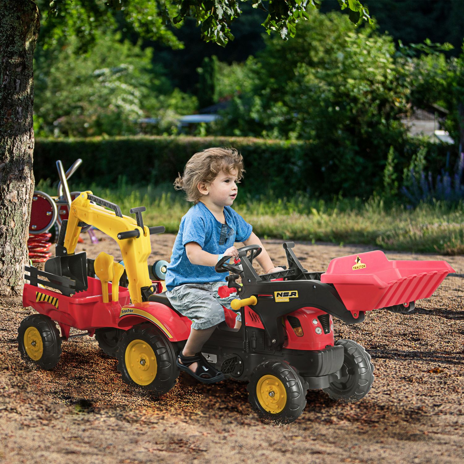 Ruspa giocattolo a pedali, escavatore cavalcabile per bambini con pale e volante, 179x42x59cm multicolore - 