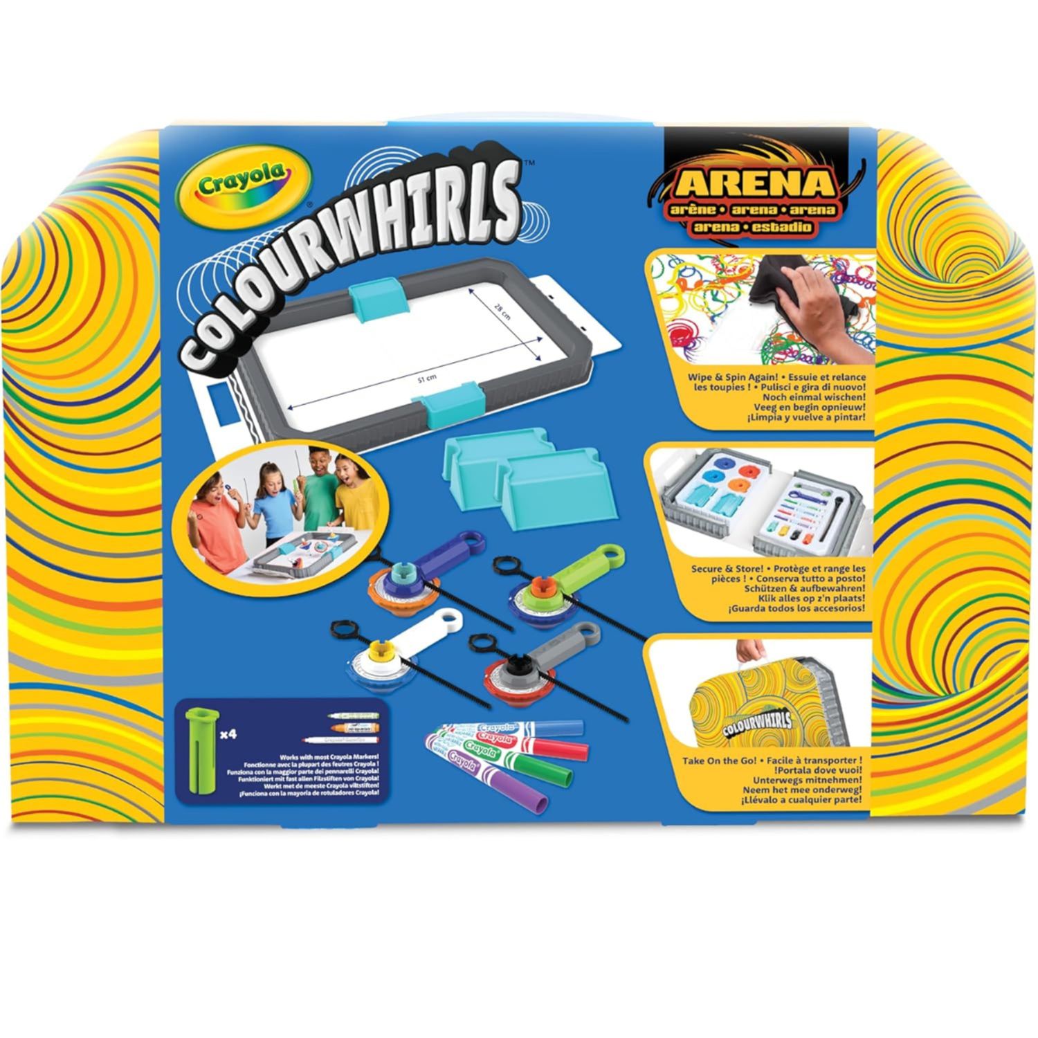 Crayola - colourwhirls, la trottola dei colori, set valigetta arena con 4 trottole - CRAYOLA