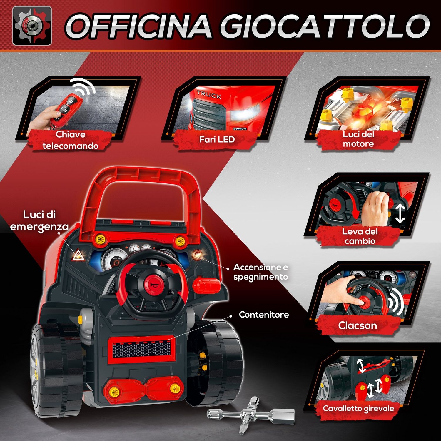 Officina camion giocattolo con motore e 61 accessori per bambini 3-5 anni, ruote e maniglia, 40x39x47cm, rosso - 
