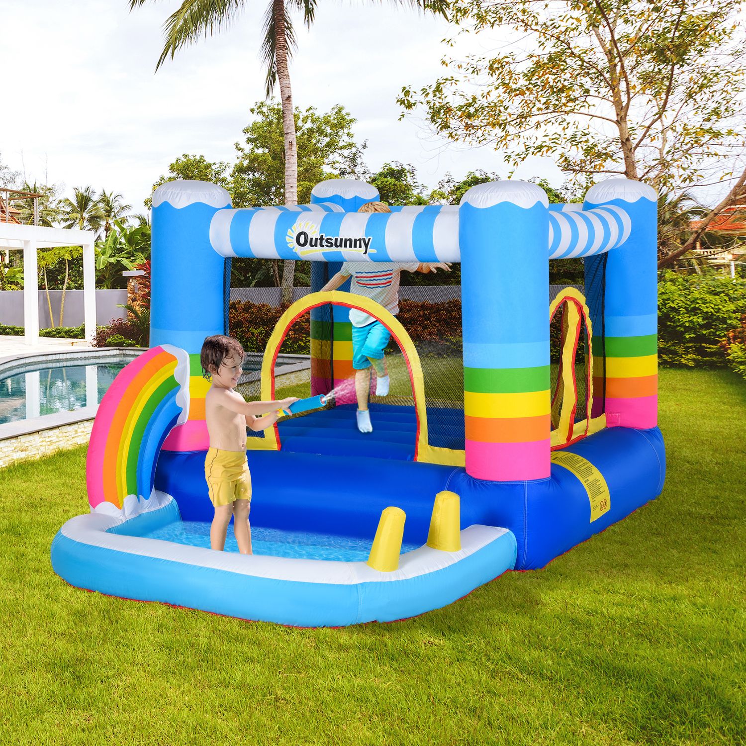 Castello gonfiabile per bambini con trampolino e piscina, pompa elettrica inclusa 280x170x155cm, multicolore - 