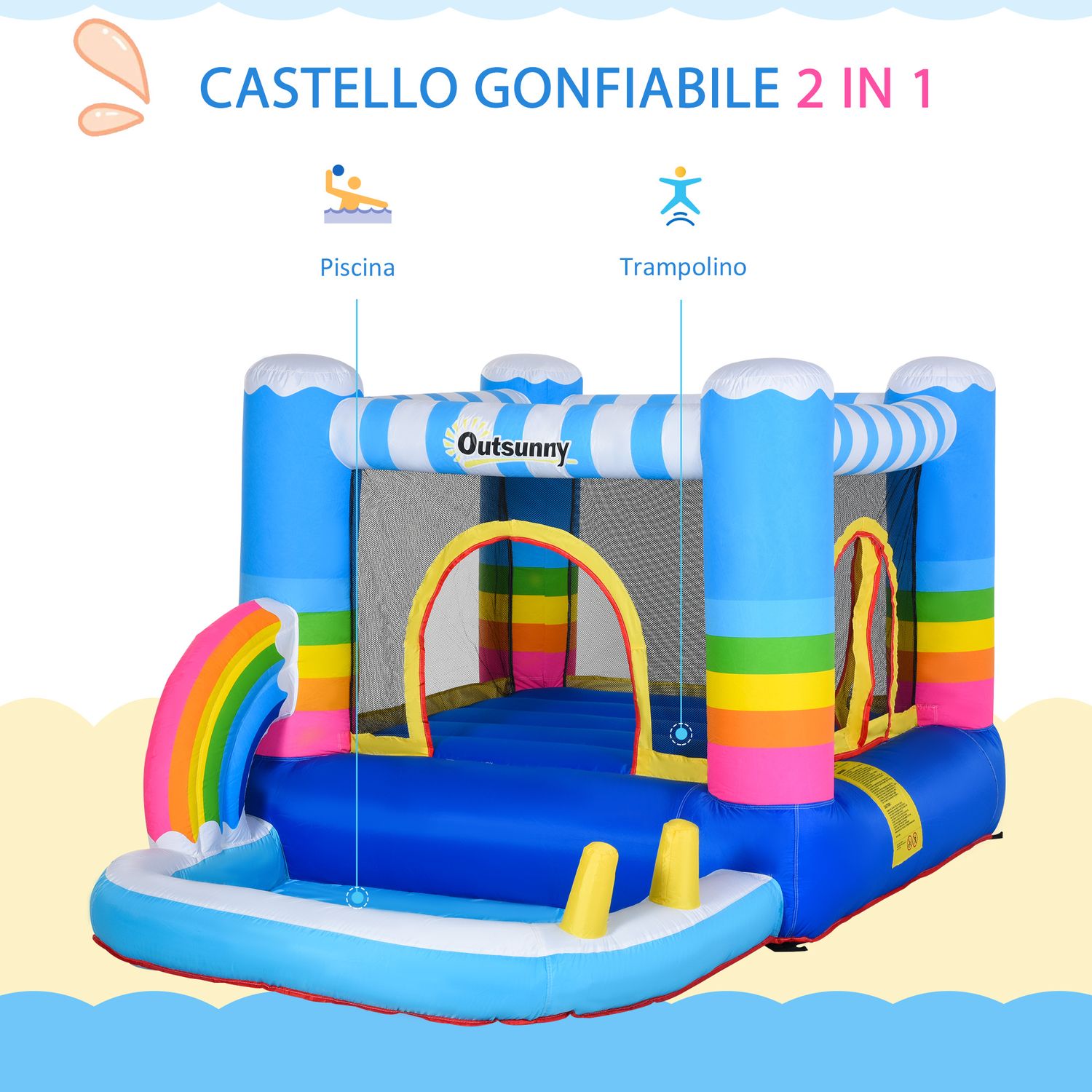 Castello gonfiabile per bambini con trampolino e piscina, pompa elettrica inclusa 280x170x155cm, multicolore - 