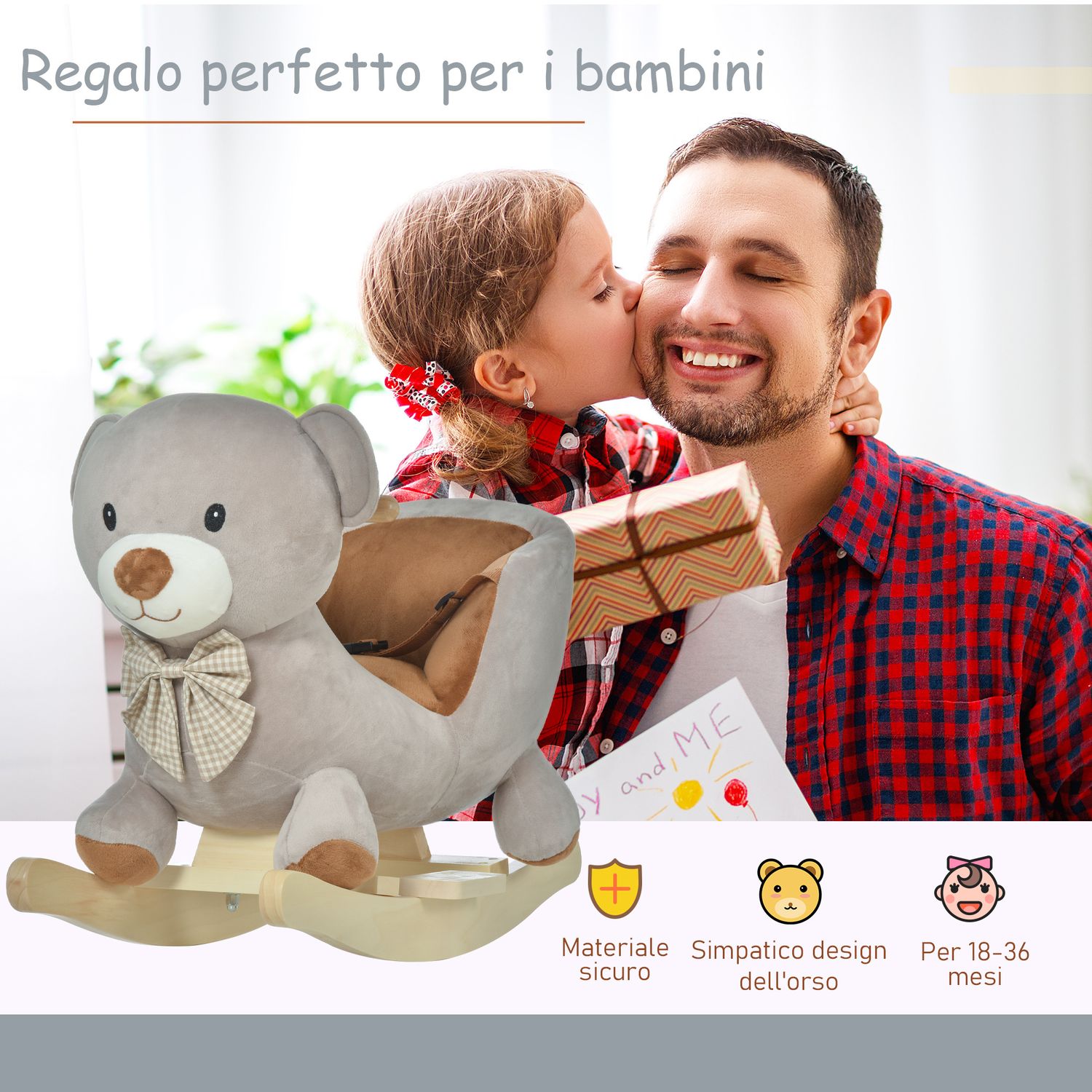 Cavallo a dondolo a forma di orso con suoni, cavalluccio a dondolo per bambini 18-36 mesi interattivo, grigio, 60x33x50cm - 
