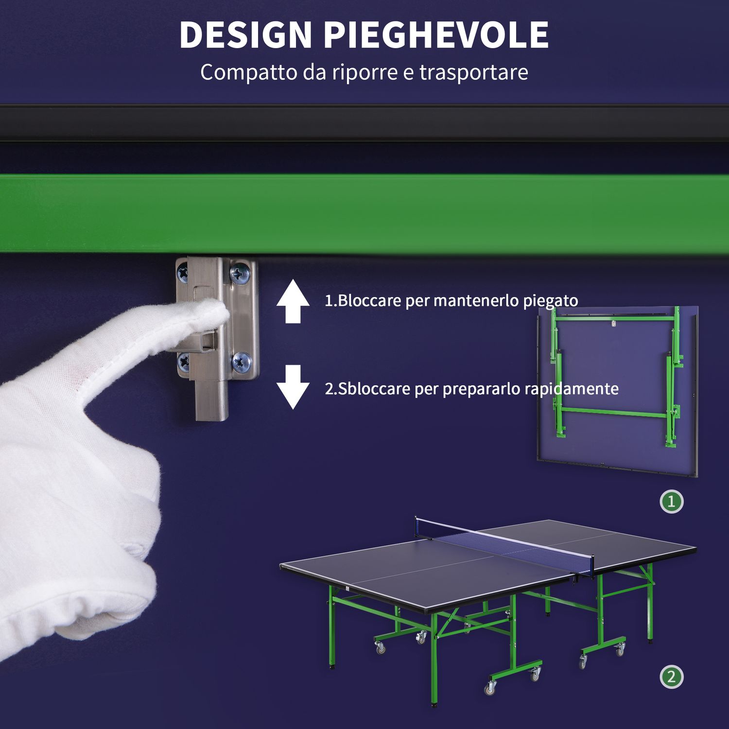 Tavolo da ping pong pieghevole interno con 8 ruote 152.5 × 274 × 76cm - 