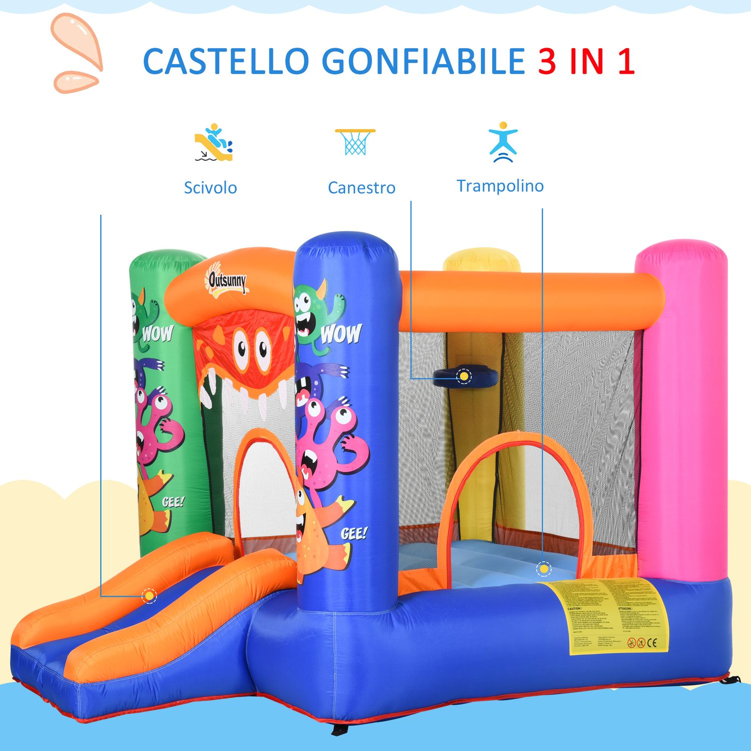 Casa gioco castello gonfiabile gigante per bambini 3-8 anni trampolino rimbalzante colorato con scivolo e canestro 250cmx180cmx175cm - 