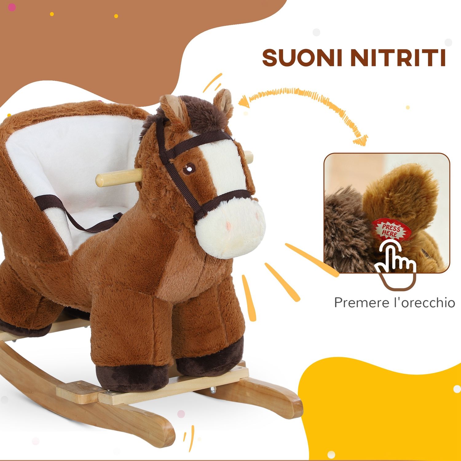 Cavallo a dondolo per bambini 18-36 mesi con suoni, base in legno e cintura di sicurezza, marrone - 