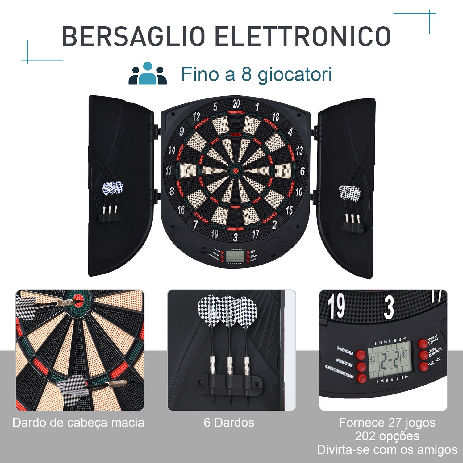 Bersaglio freccette elettronico per 8 giocatori con 6 freccette, schermo lcd, 2 porte e 26 modalità di gioco - 