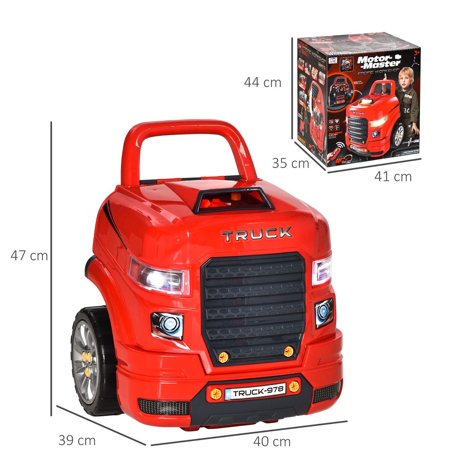 Officina camion giocattolo con motore e 61 accessori per bambini 3-5 anni, ruote e maniglia, 40x39x47cm, rosso - 