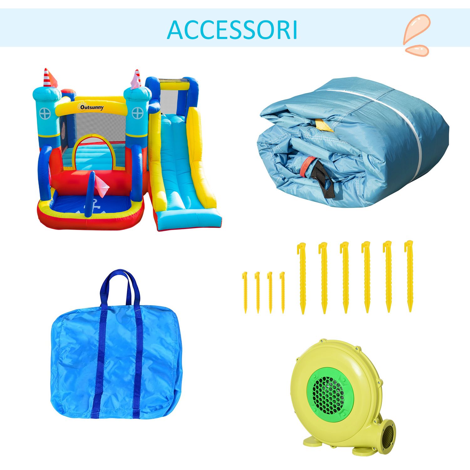 Castello gonfiabile 4 in 1 bimbi 3-8 anni, scivolo e piscina, 265x260x200cm - 