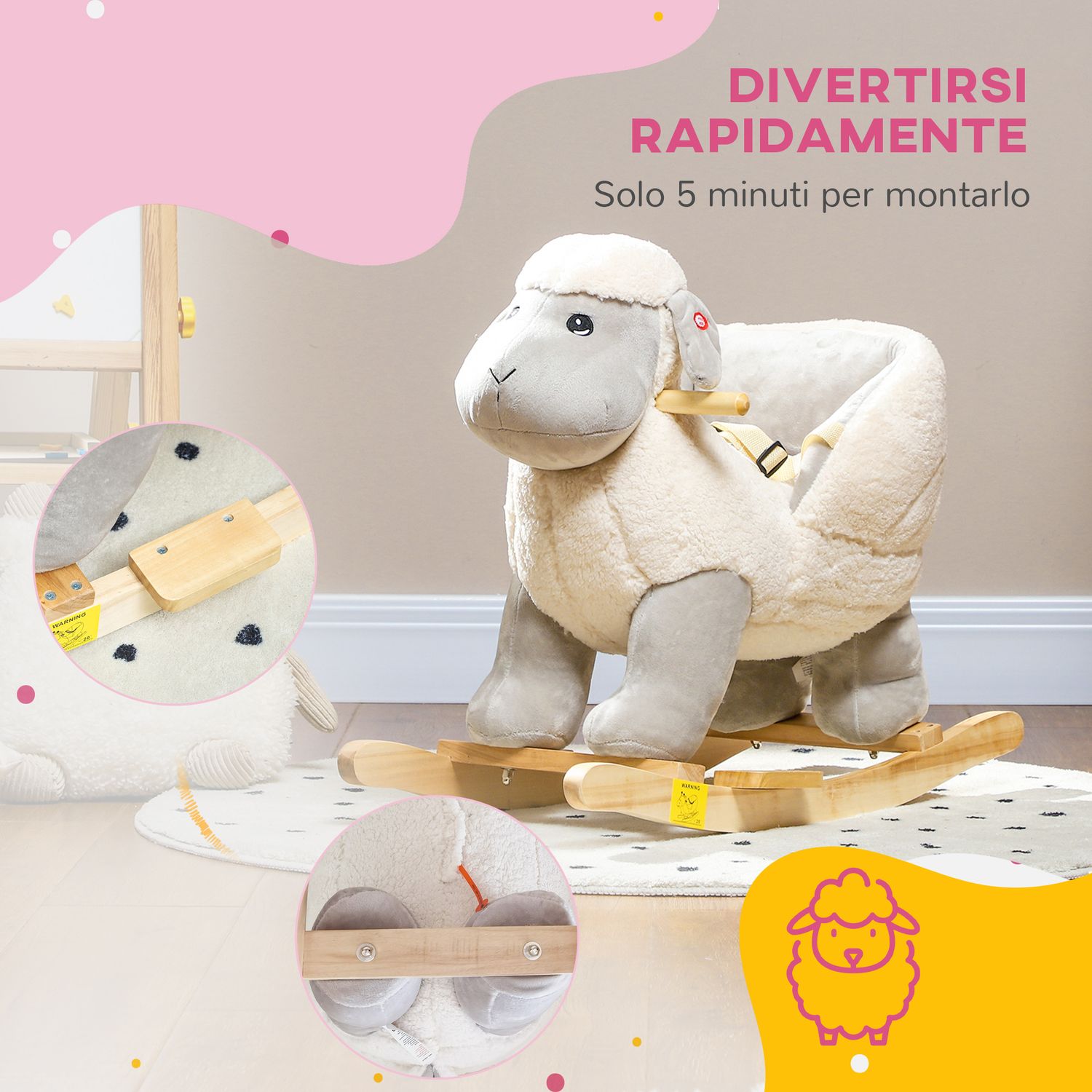 Cavallo a dondolo per bambini 18-36 mesi a forma di pecorella con suoni e rivestimento morbido, grigio - 