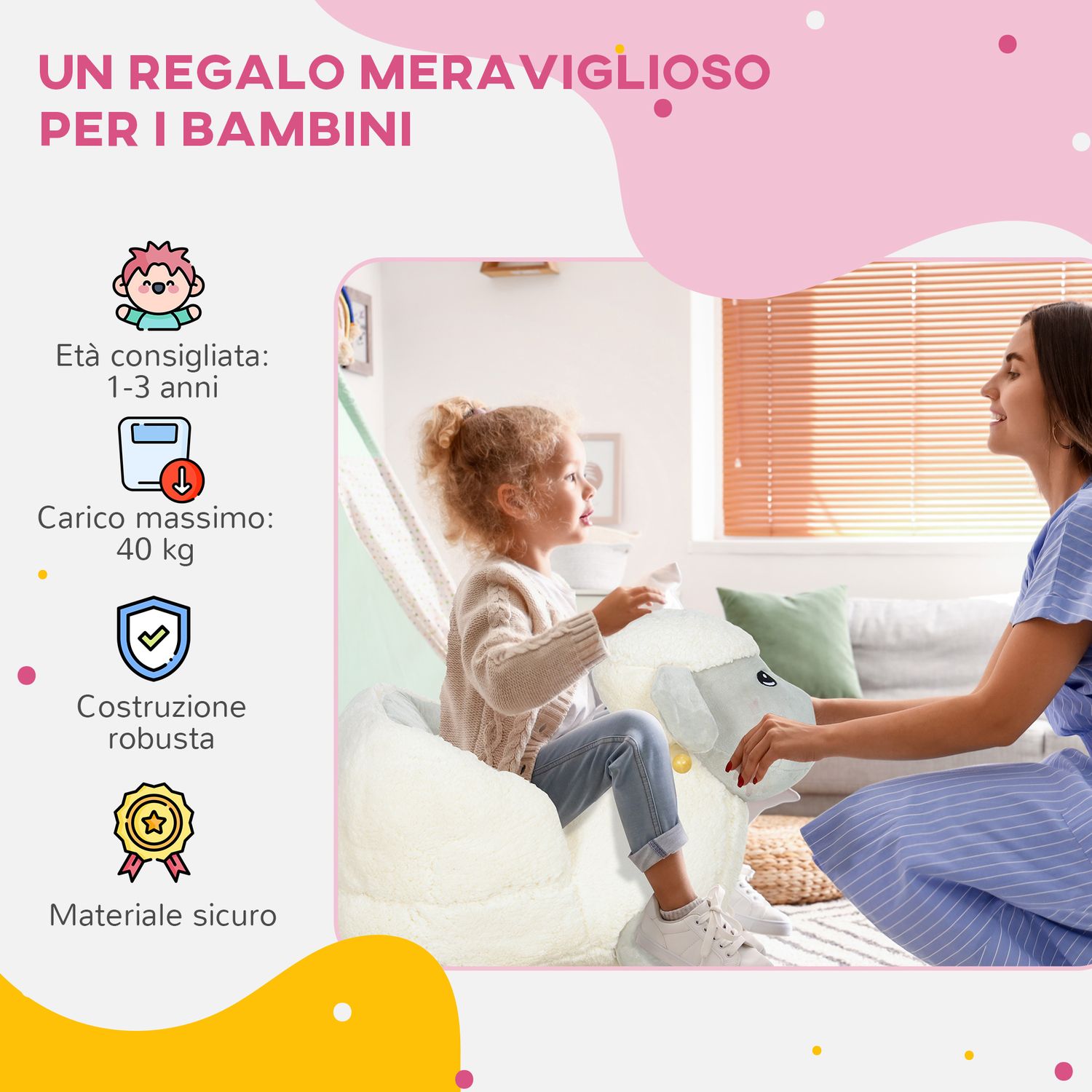 Cavallo a dondolo per bambini 18-36 mesi a forma di pecorella con suoni e rivestimento morbido, grigio - 