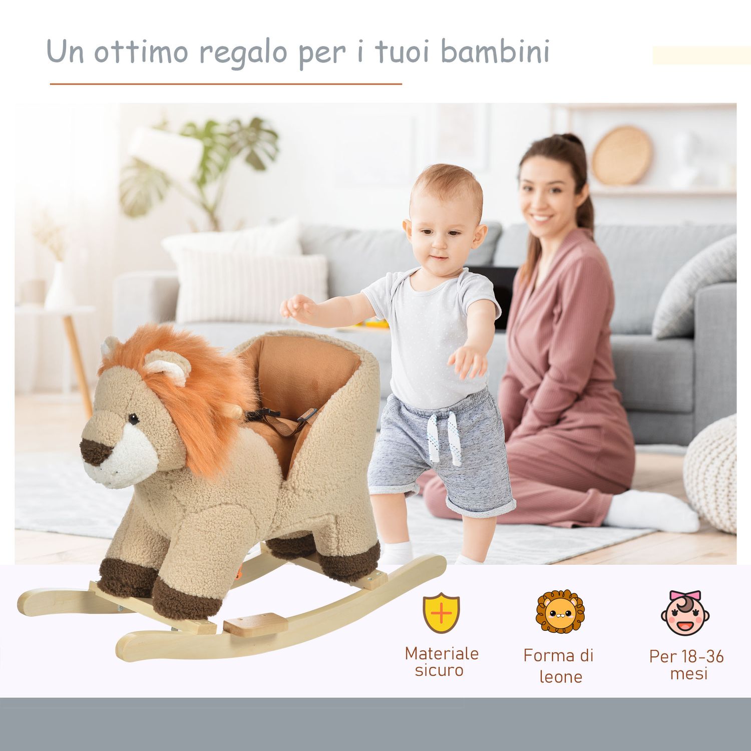 Dondolo giocattolo a forma di leone per bambini 18-36 mesi, ruggisce (3 batterie incluse), in legno e peluche - 