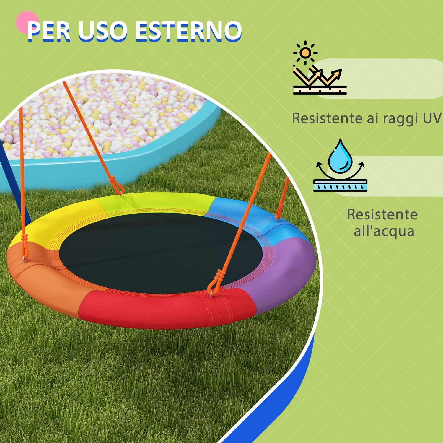 Altalena da giardino a nido per 1-2 bambini in metallo rinforzato, 196x172x180cm, multicolore - 