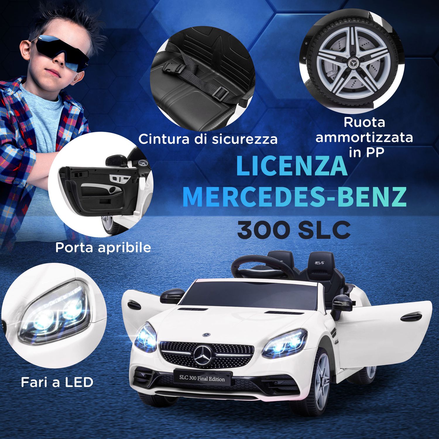 Macchina elettrica per bambini licenza mercedes slc 300 con telecomando, in pp e metallo, 107x62.5x44 cm, bianco - 