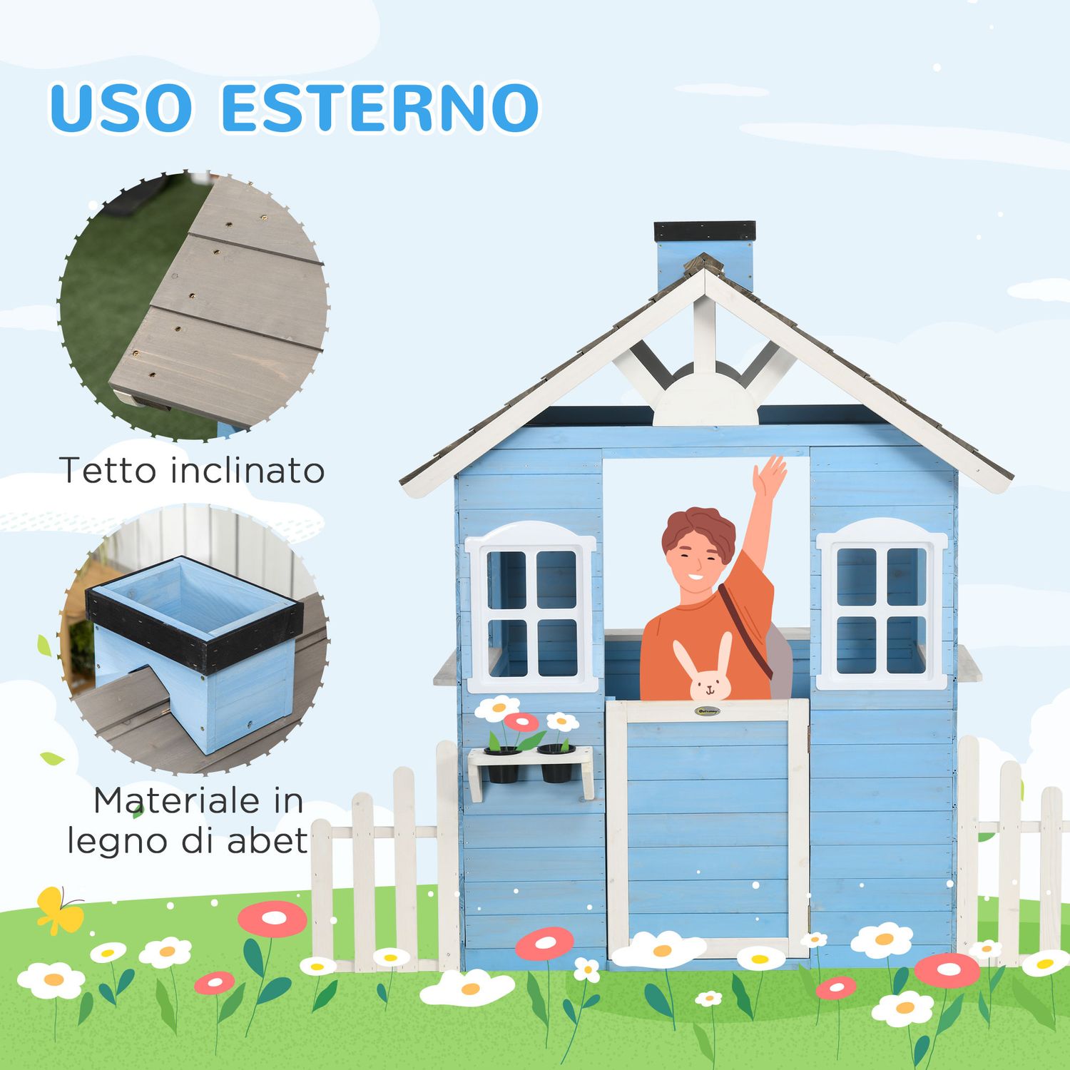 Casa per bimbi 3-7 anni con staccionata, portavasi, porta e finestre, in legno di abete, 151x112.5x142 cm, blu - 