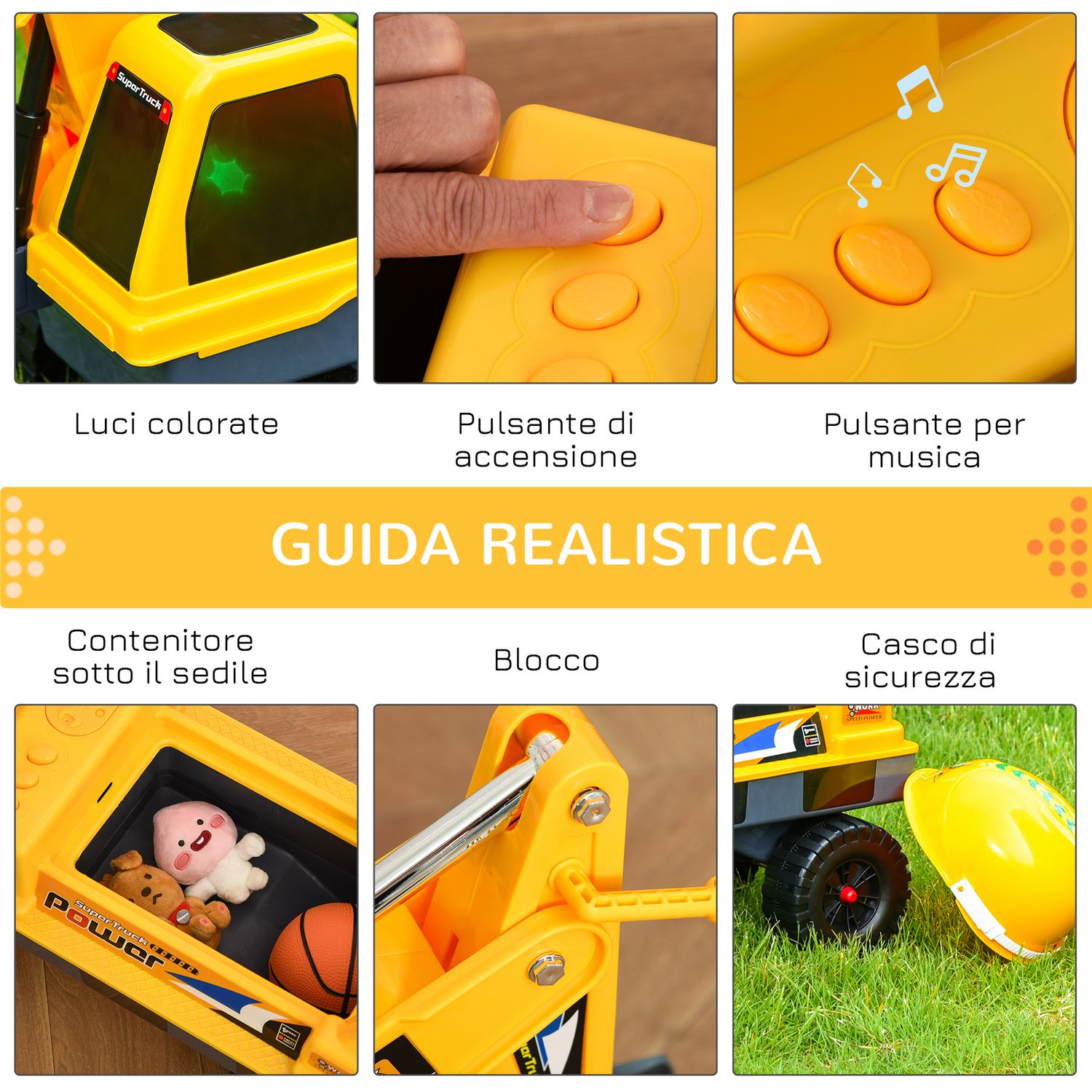 Ruspa giocattolo 2 in 1 con escavatore e mordente, vano nascosto, gioco cavalcabile bambini 2-3 anni, 90x28x58cm, giallo - 