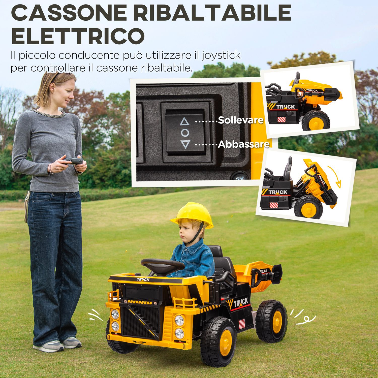 Camion per bambini 3-5 anni con motore 12v, macchina elettrica per bambini con musica e fari, giallo - 