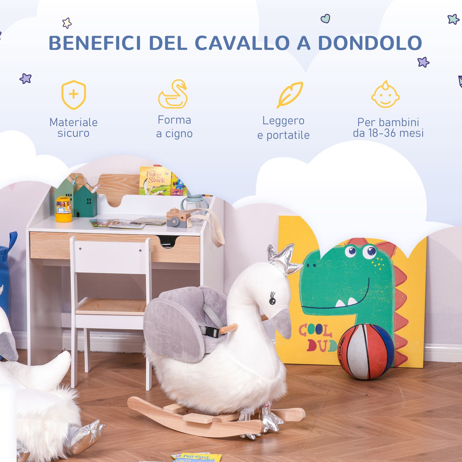Cavallo a dondolo per bambini a forma di cigno, dondolo giocattolo cavalcabile per bambini 18-36 mesi  in legno di pioppo e peluche, bianco e grigio - 