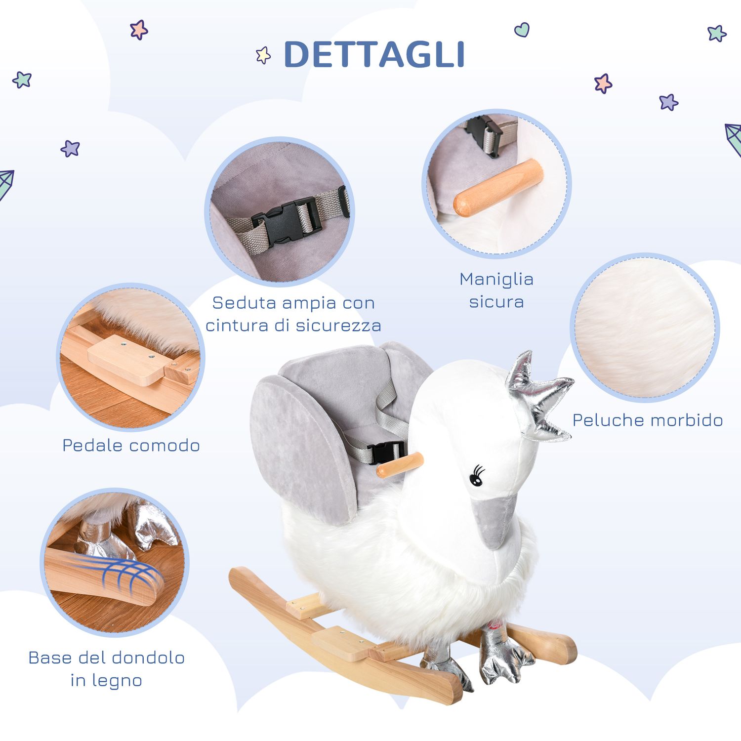 Cavallo a dondolo per bambini a forma di cigno, dondolo giocattolo cavalcabile per bambini 18-36 mesi  in legno di pioppo e peluche, bianco e grigio - 