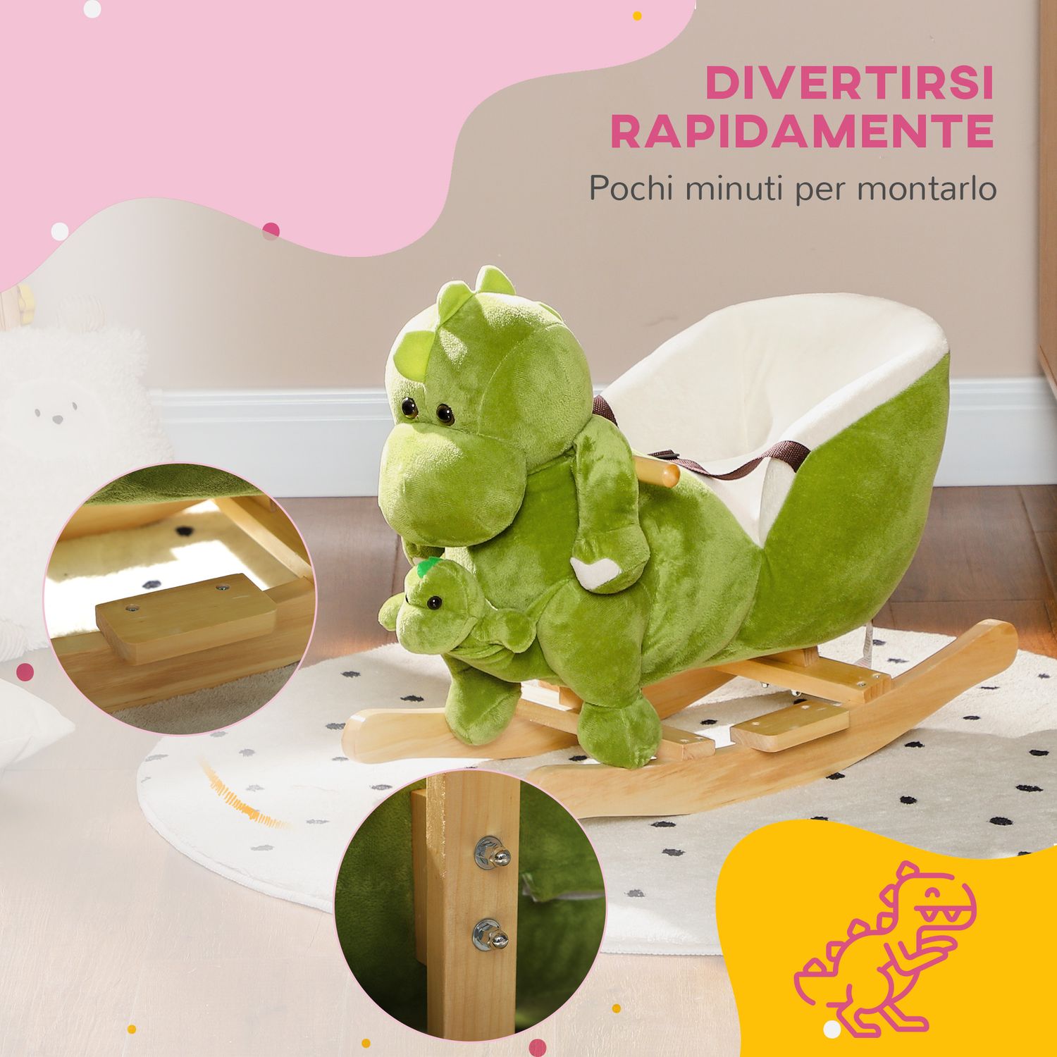 Cavallo a dondolo per bambini 18-36 mesi a dinosauro con suoni e rivestimento morbido, verde - 