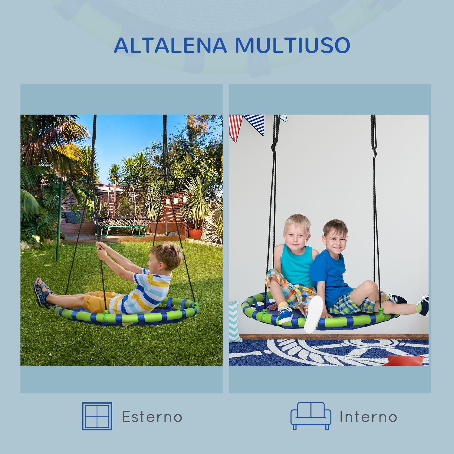 Altalena per bambini da 3-8 anni da giardino ø100cm e corde regolabili, blu - 