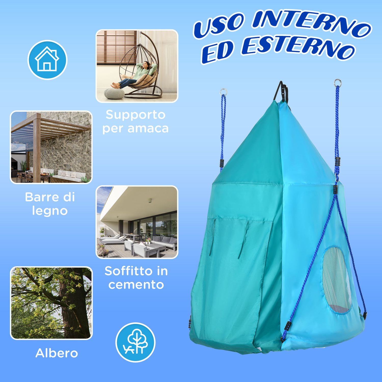 Altalena da giardino con tenda per bambini da 3-8 anni, ø100cm e corde regolabili, blu - 