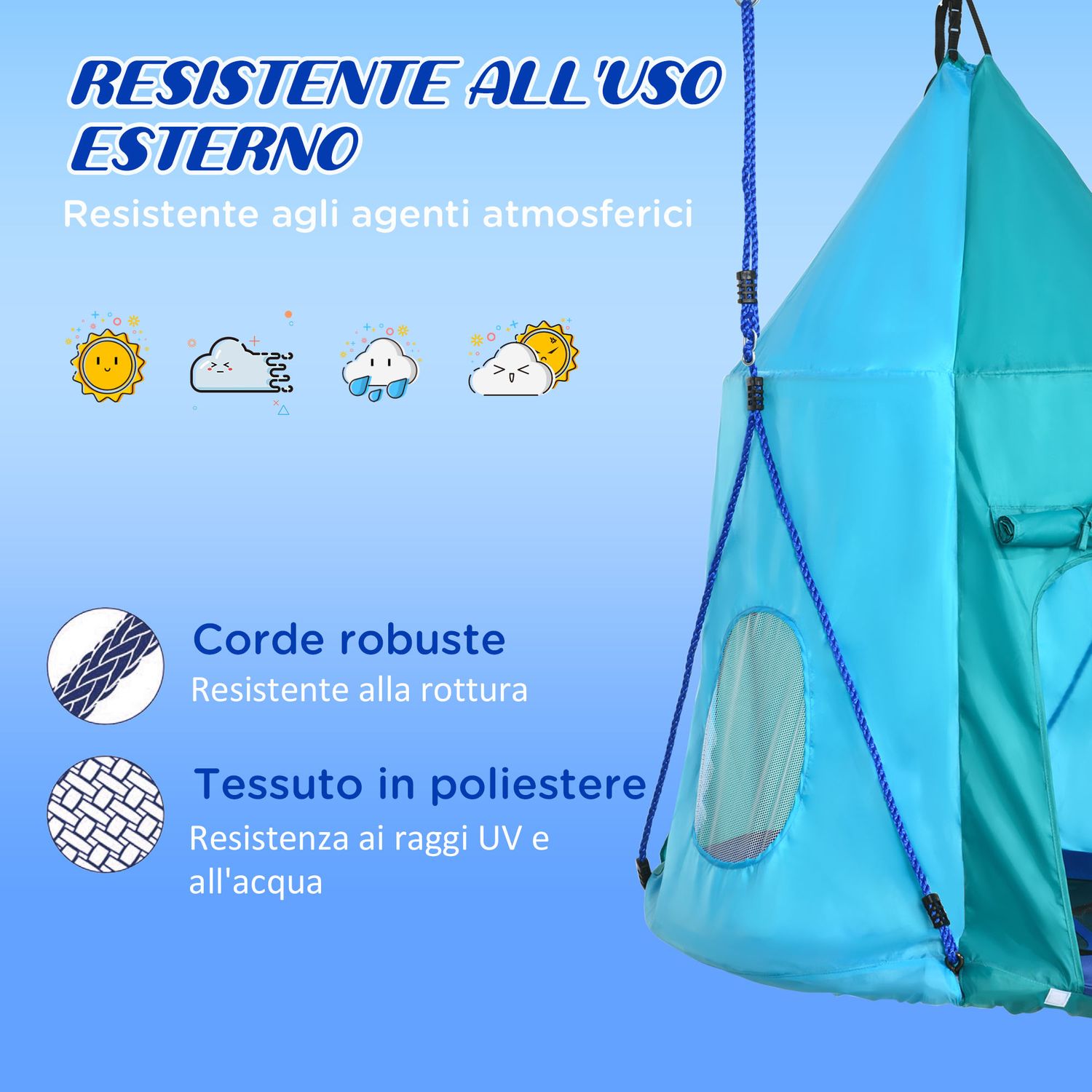 Altalena da giardino con tenda per bambini da 3-8 anni, ø100cm e corde regolabili, blu - 