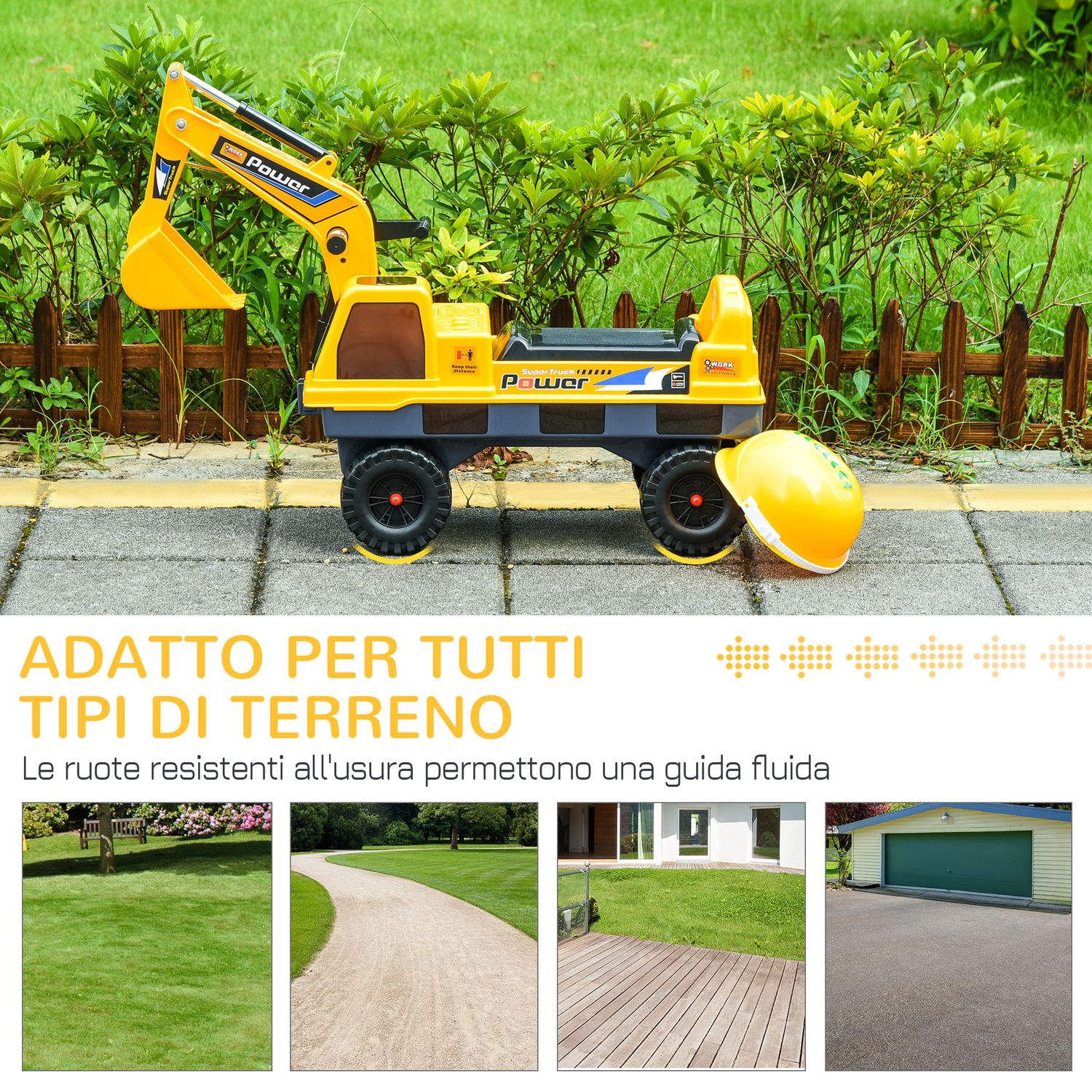 Ruspa giocattolo 2 in 1 con escavatore e mordente, vano nascosto, gioco cavalcabile bambini 2-3 anni, 90x28x58cm, giallo - 