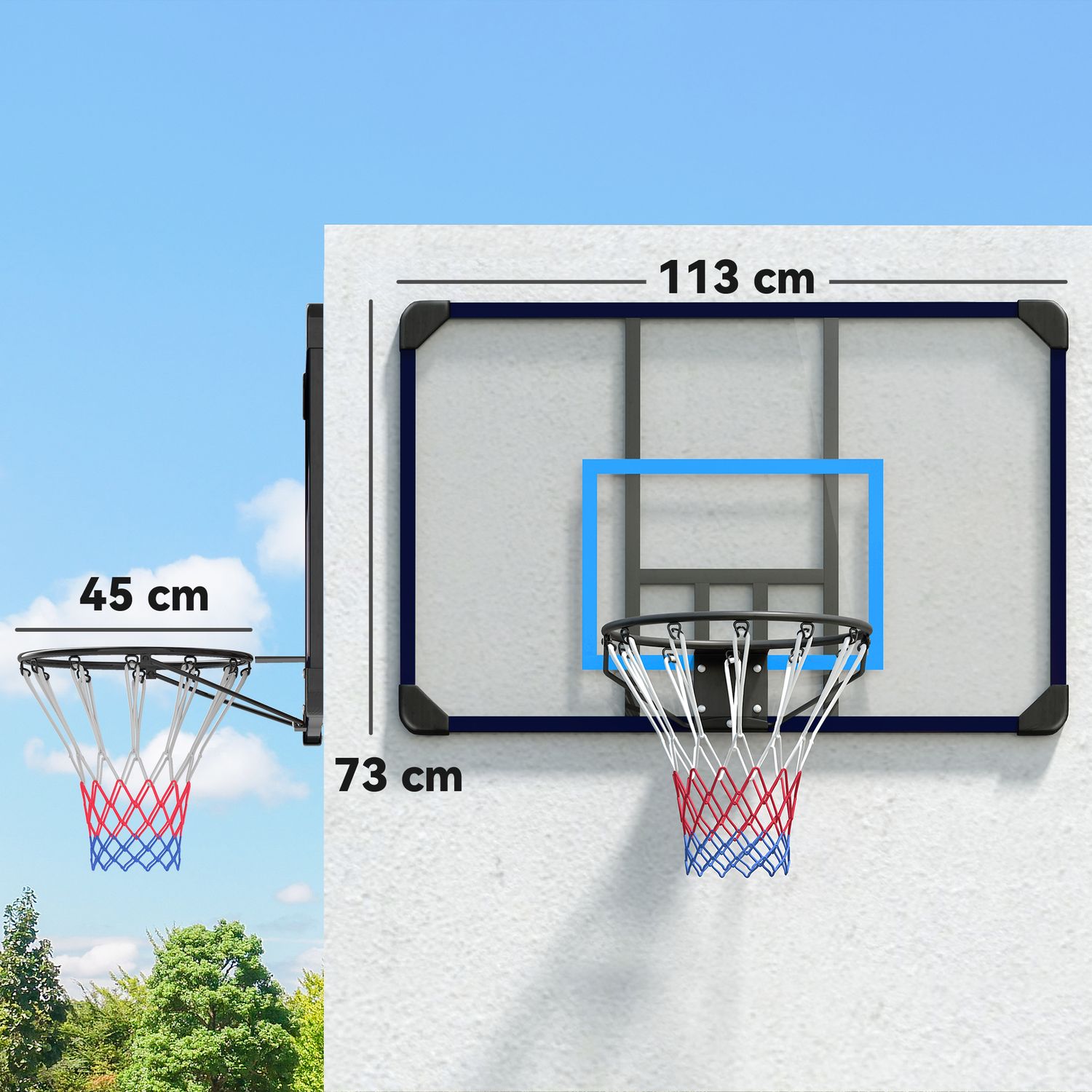 Canestro basket da muro con tabellone infrangibile e cerchio in acciaio, 113x61x73 cm - 