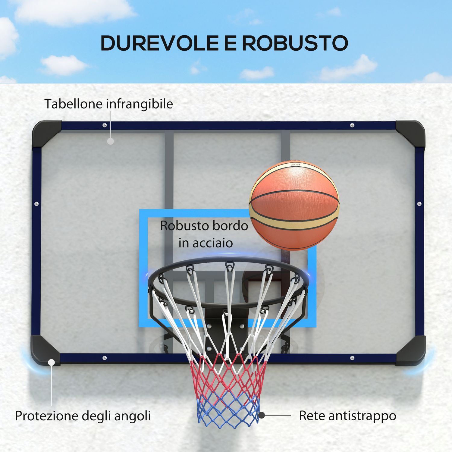 Canestro basket da muro con tabellone infrangibile e cerchio in acciaio, 113x61x73 cm - 