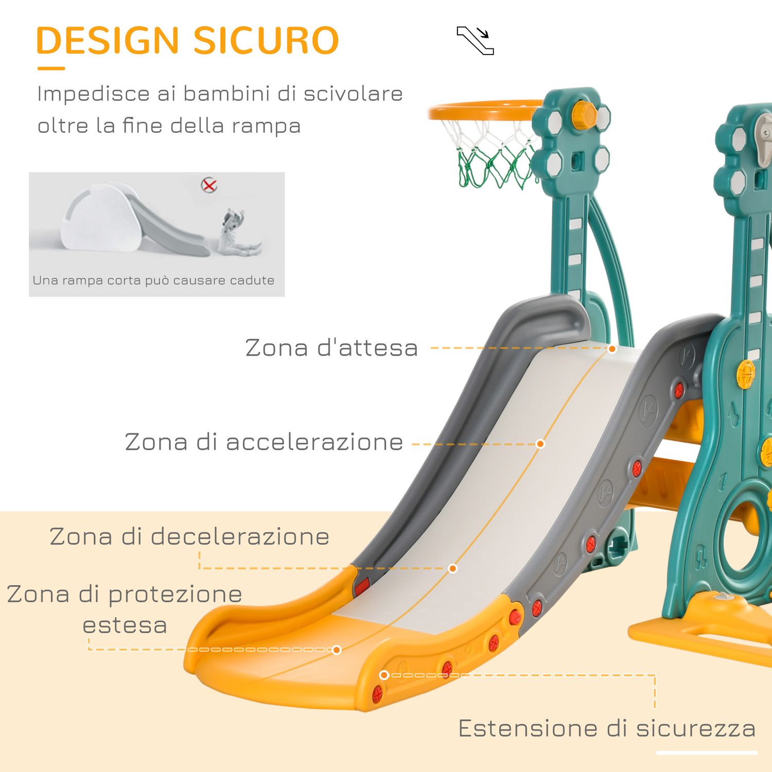 Scivolo 3 in 1 per bambini con altalena regolabile, canestro e palle per cameretta e giardino, 152x149x107cm, blu, grigio, giallo - 