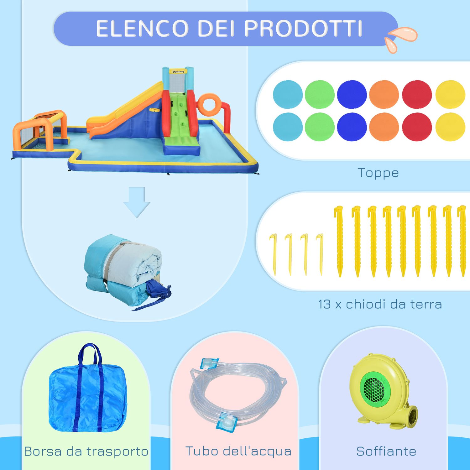 Castello gonfiabile per bambini 3-8 anni con scivolo, parete, porta e canestro, in tessuto oxford, 590x460x220 cm - 