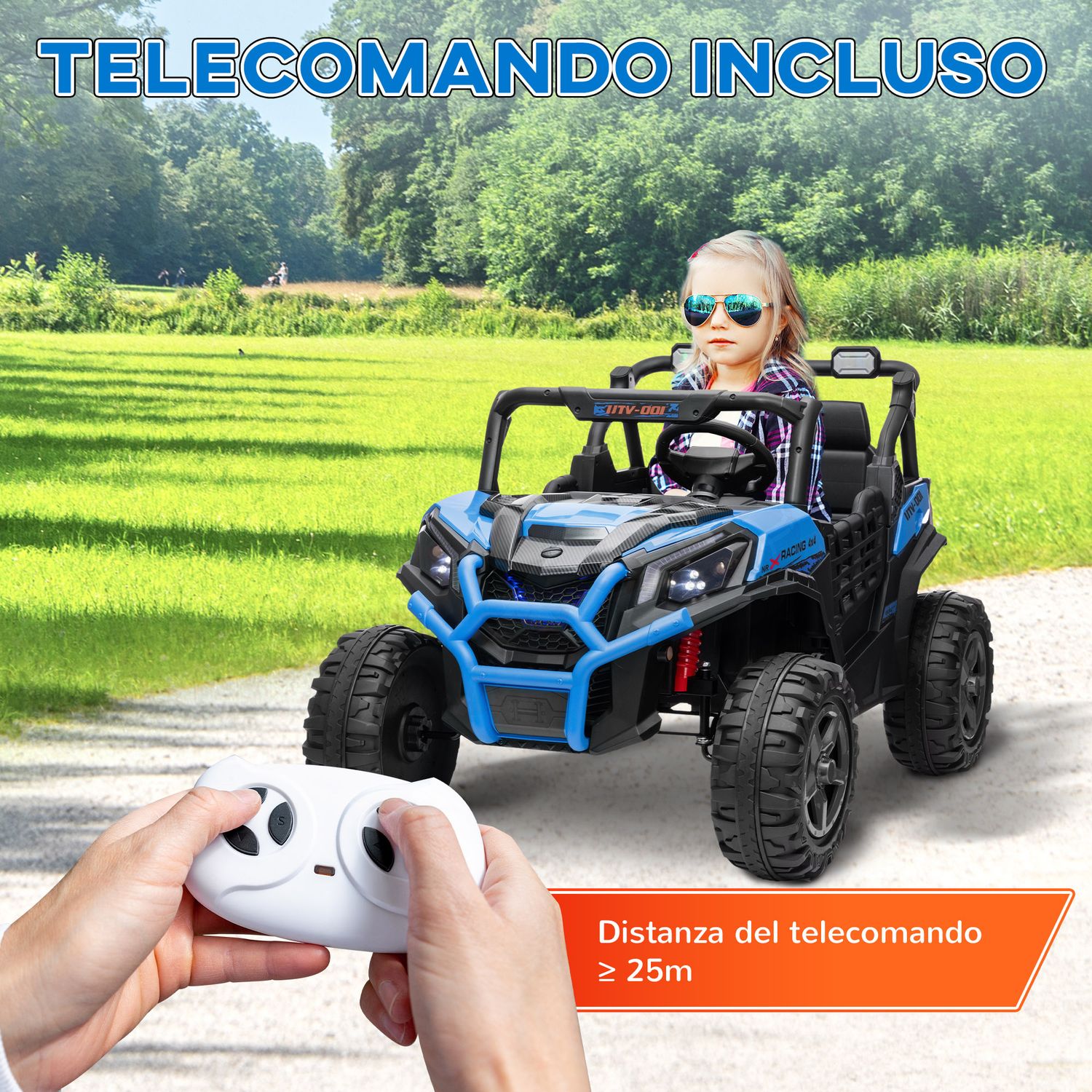 Macchina elettrica per bambini 24v a 2 posti con telecomando e 3 velocità, età 3-8 anni, blu - 