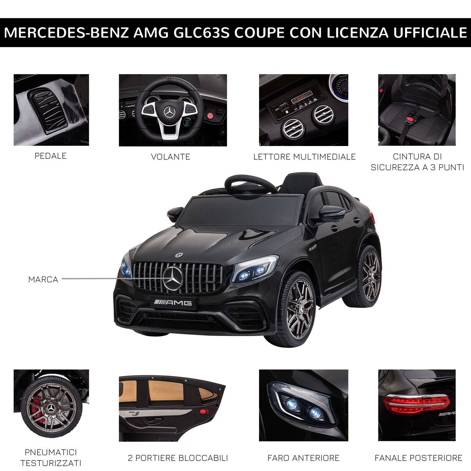 Macchina elettrica per bambini 3-5 anni mercedes con cintura di sicurezza e telecomando, nero - 