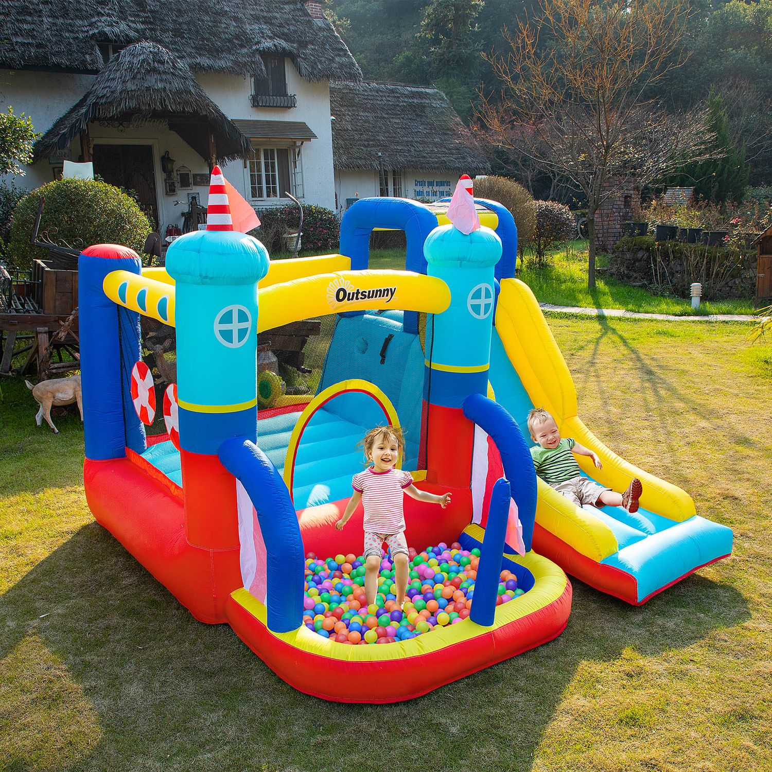 Castello gonfiabile 4 in 1 bimbi 3-8 anni, scivolo e piscina, 265x260x200cm - 