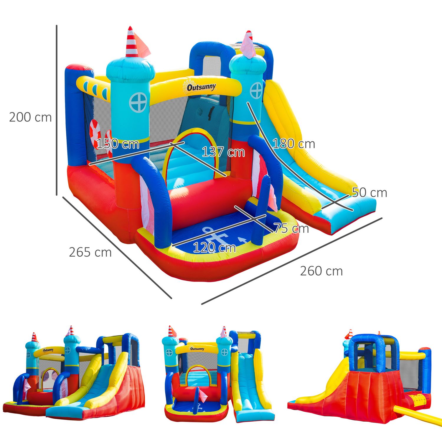 Castello gonfiabile 4 in 1 bimbi 3-8 anni, scivolo e piscina, 265x260x200cm - 