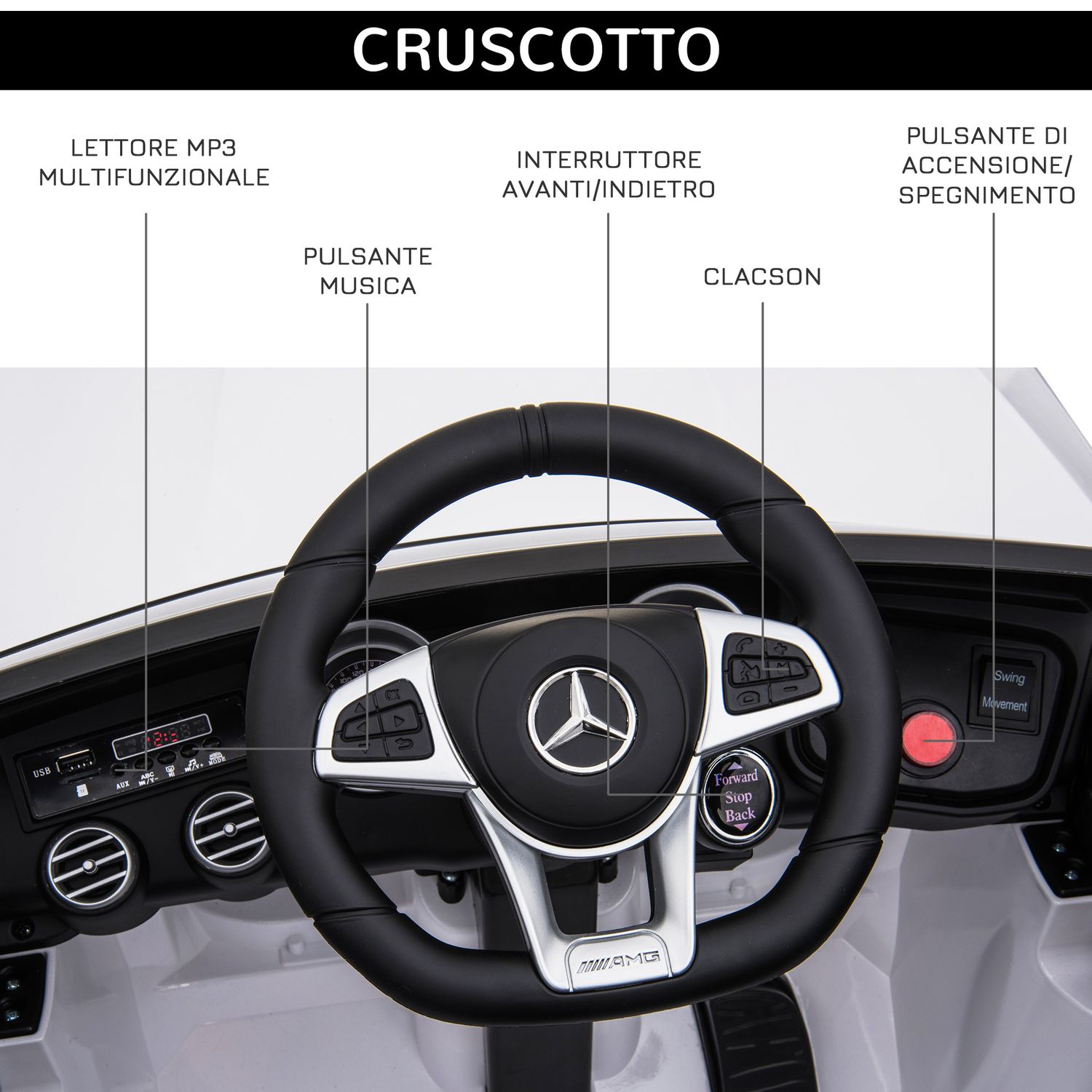Macchina elettrica per bambini 3-5 anni mercedes con cintura di sicurezza e telecomando, bianco - 
