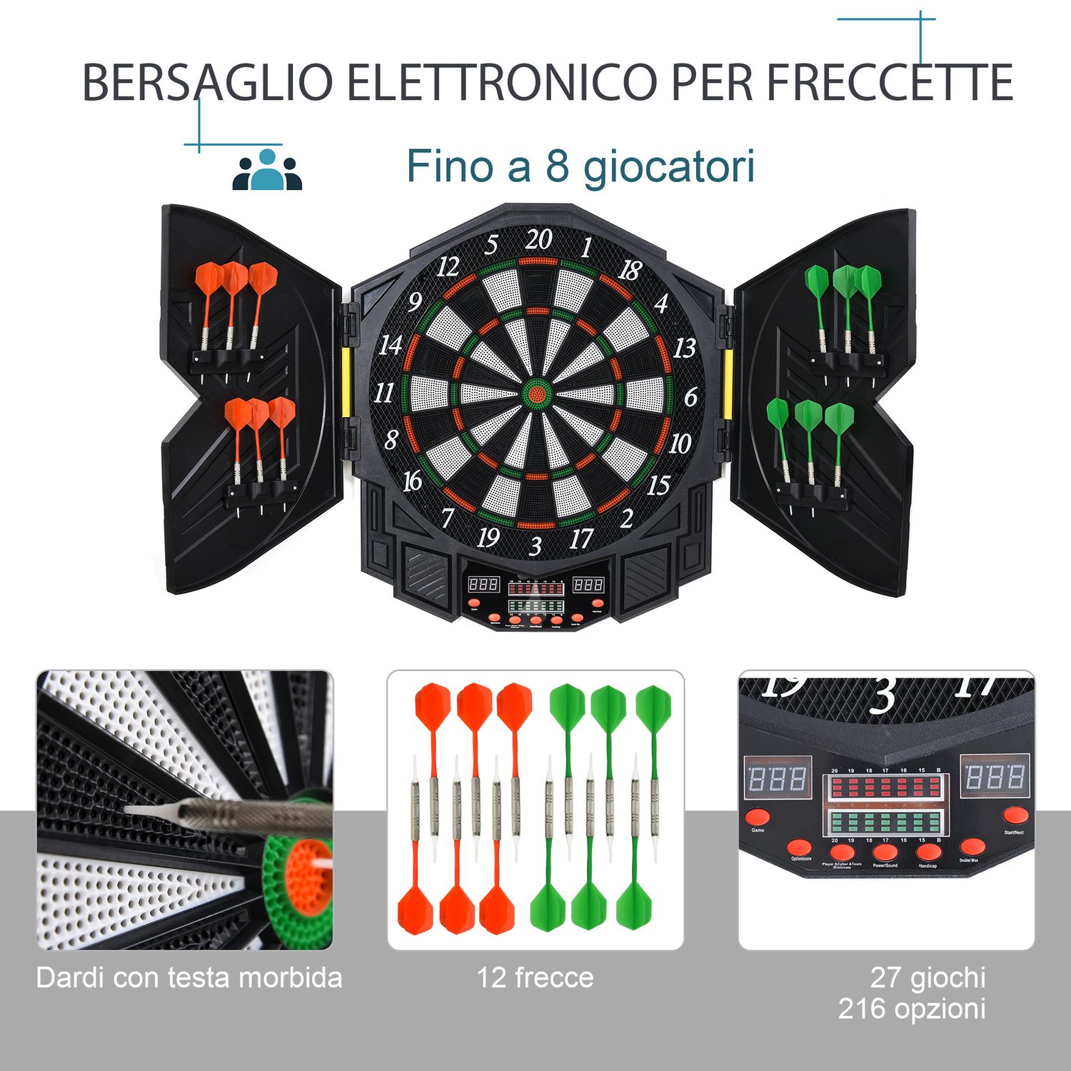 Bersaglio elettronico digitale con 12 freccette per 8 giocatori, 27 giochi e 216 varianti - 