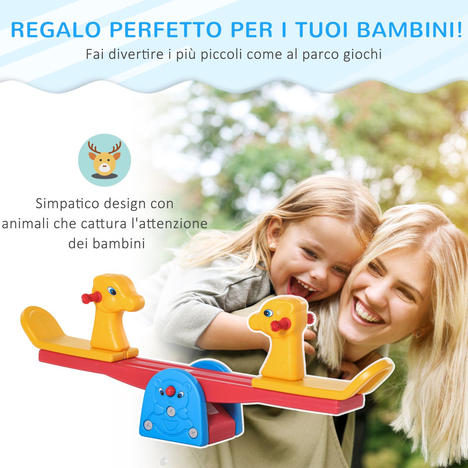 Altalena a bilico con maniglie antiscivolo per bambini età 1-4 anni, plastica hdpe atossica, 150x32x60cm, multicolore - 