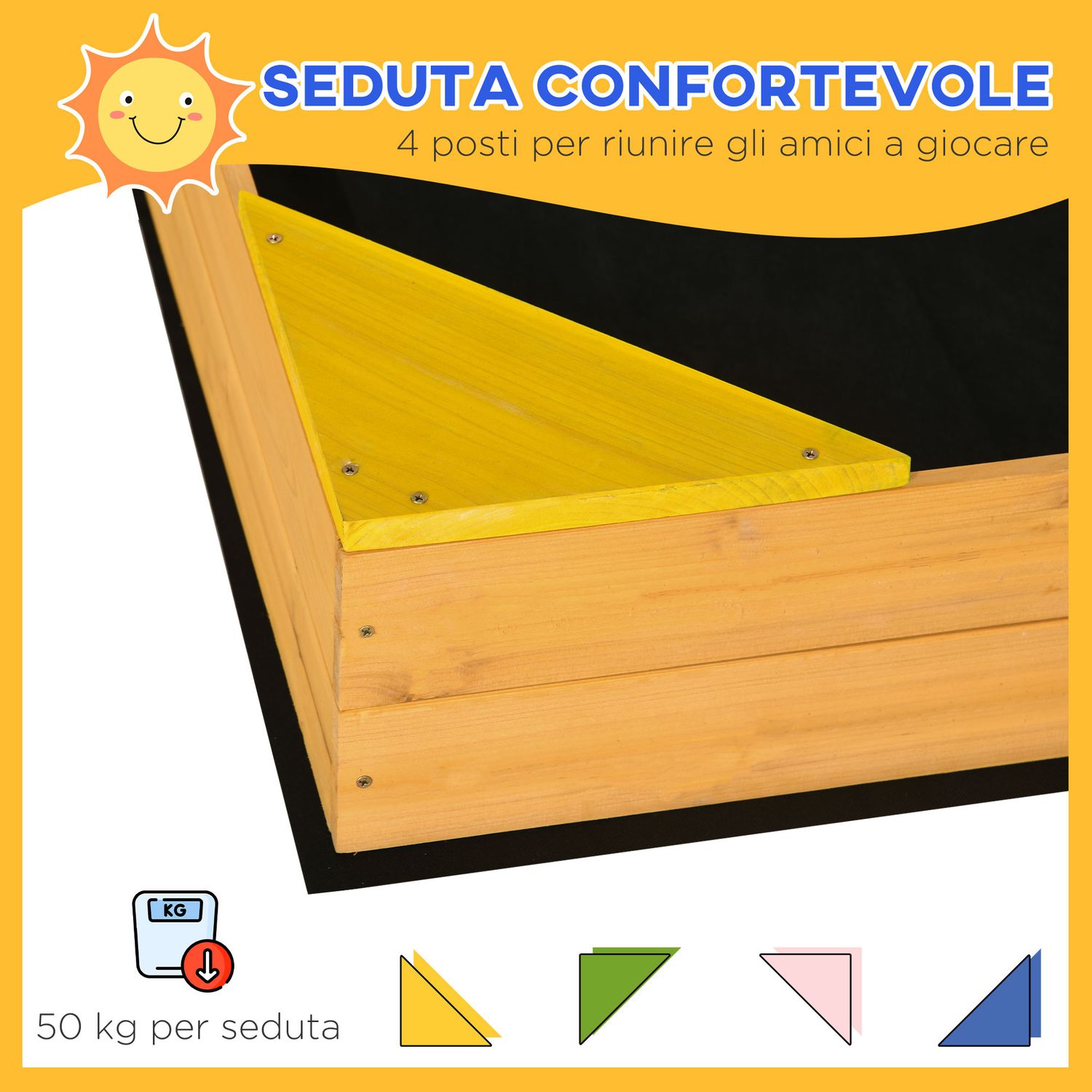 Sabbiera per bambini da 4 posti in legno di abete con design senza fondo, 109x109x19.8 cm - 