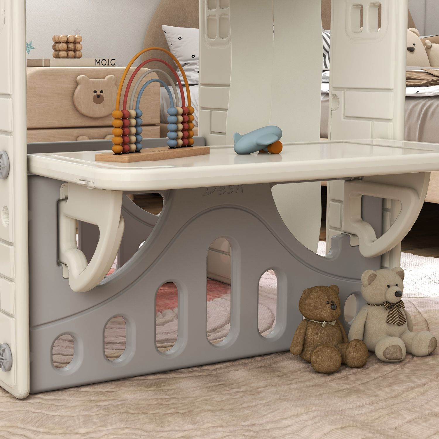 Casetta per bambini 1-6 anni da interno con porte, finestre e bancone da negozio, crema - 