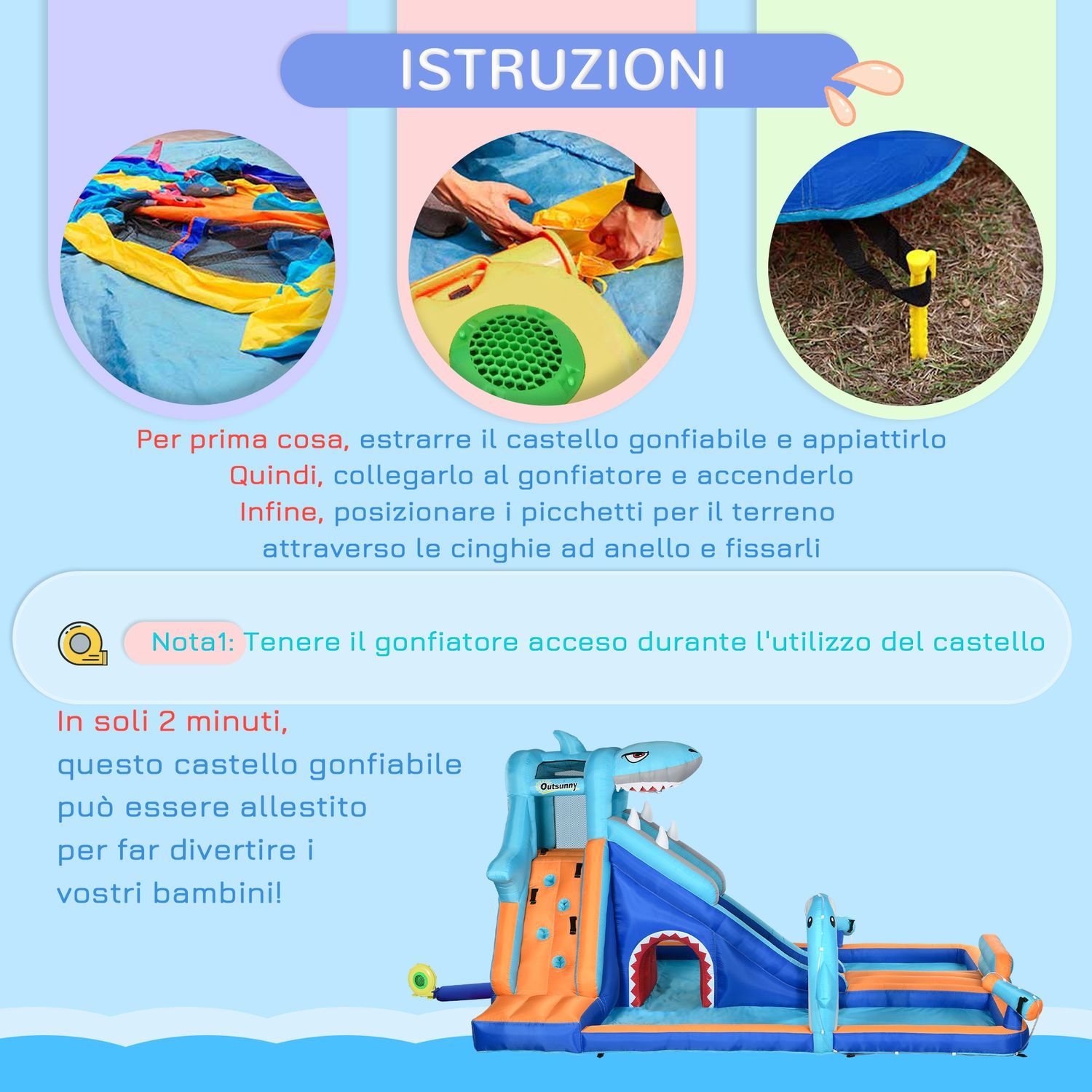 Castello gonfiabile per bambini 3-8 anni con gonfiatore, scivolo, piscina e parete da arrampicata - 