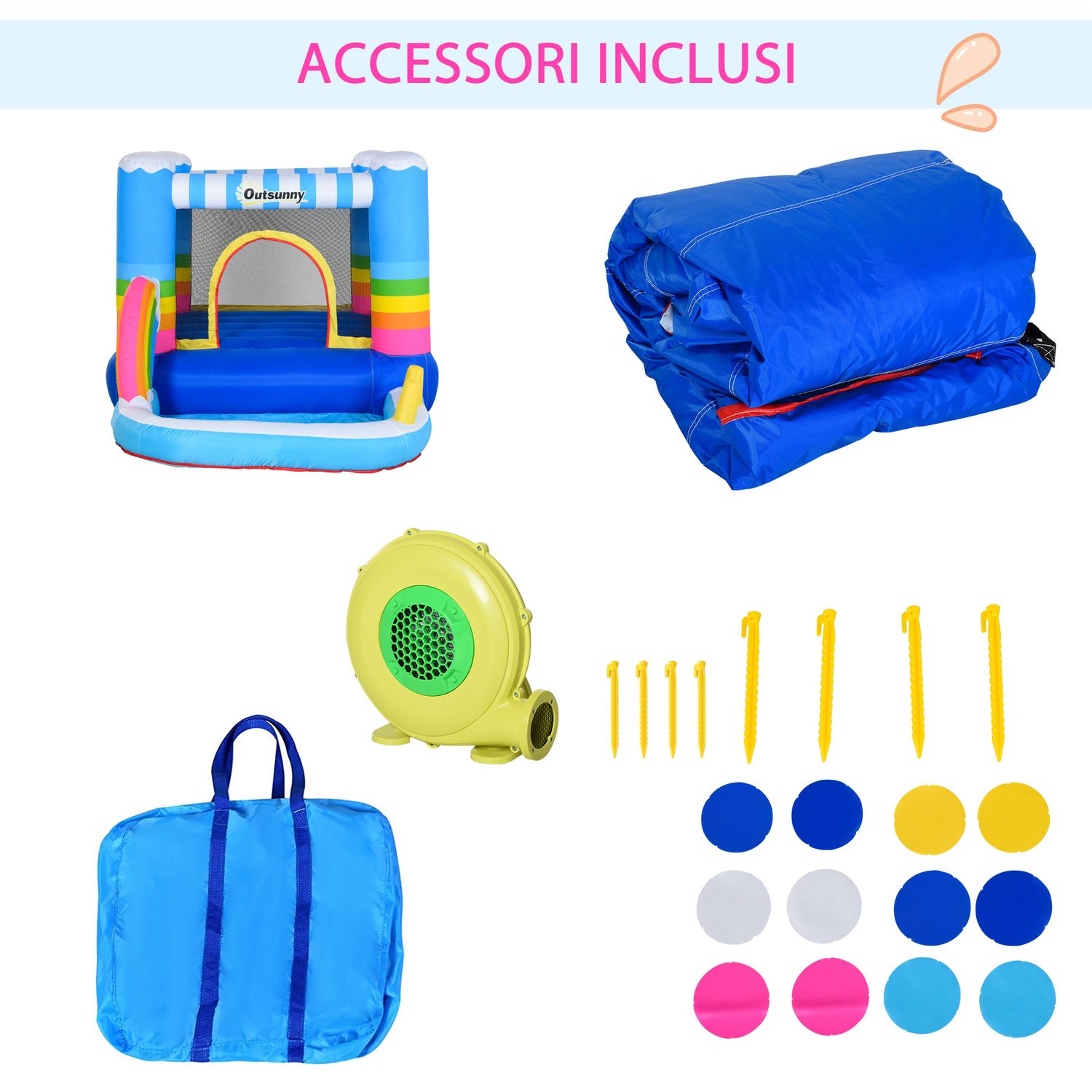 Castello gonfiabile per bambini con trampolino e piscina, pompa elettrica inclusa 280x170x155cm, multicolore - 