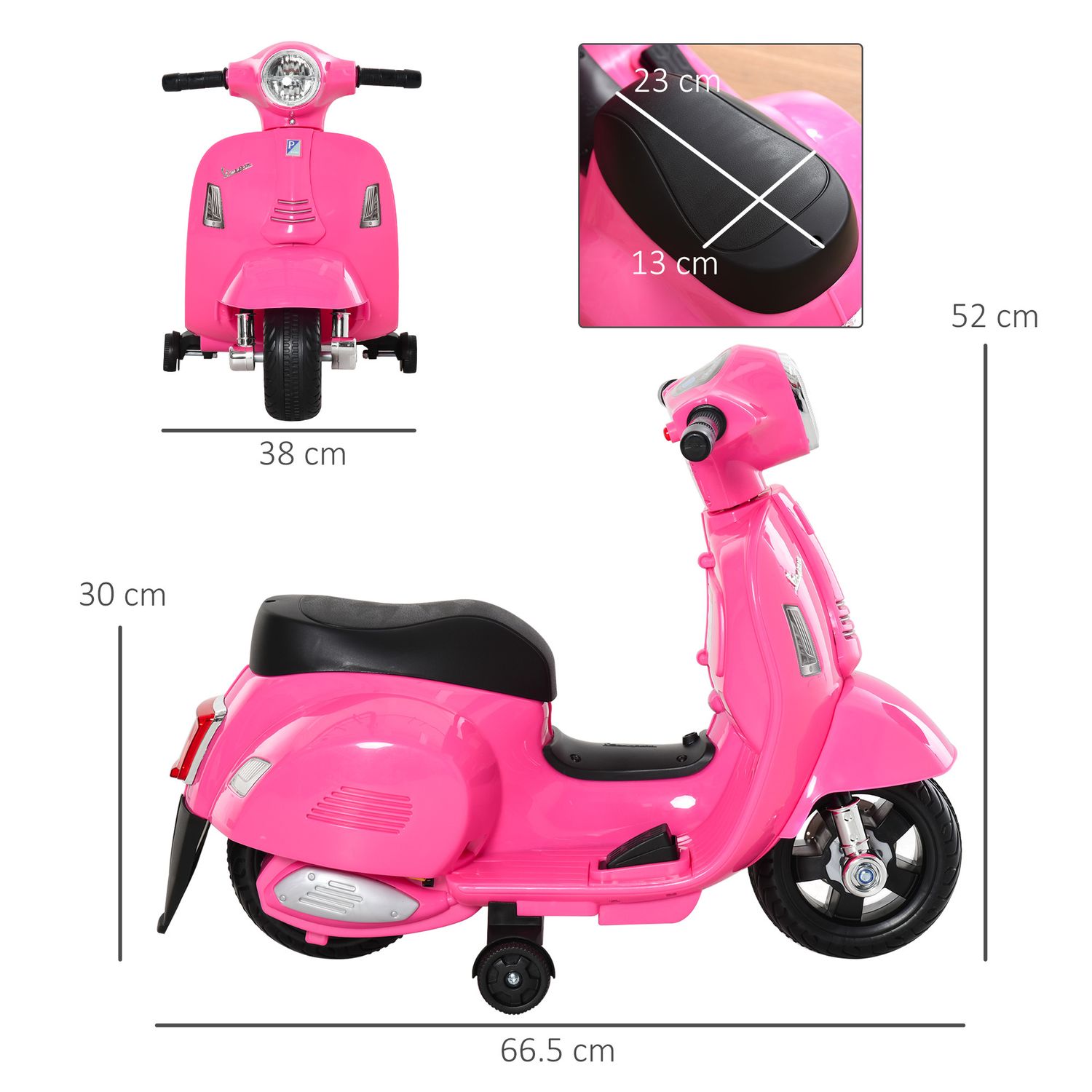 Moto elettrica per bambini con licenza ufficiale vespa batteria 6v, fari e clacson, per bimbi da 18-36 mesi, rosa, 66.5x38x52cm - 