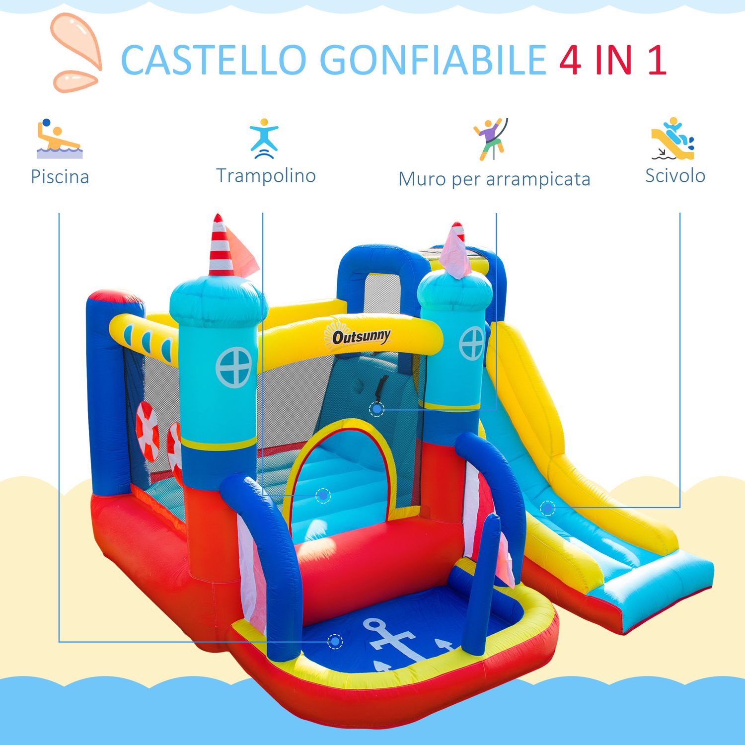 Castello gonfiabile 4 in 1 bimbi 3-8 anni, scivolo e piscina, 265x260x200cm - 