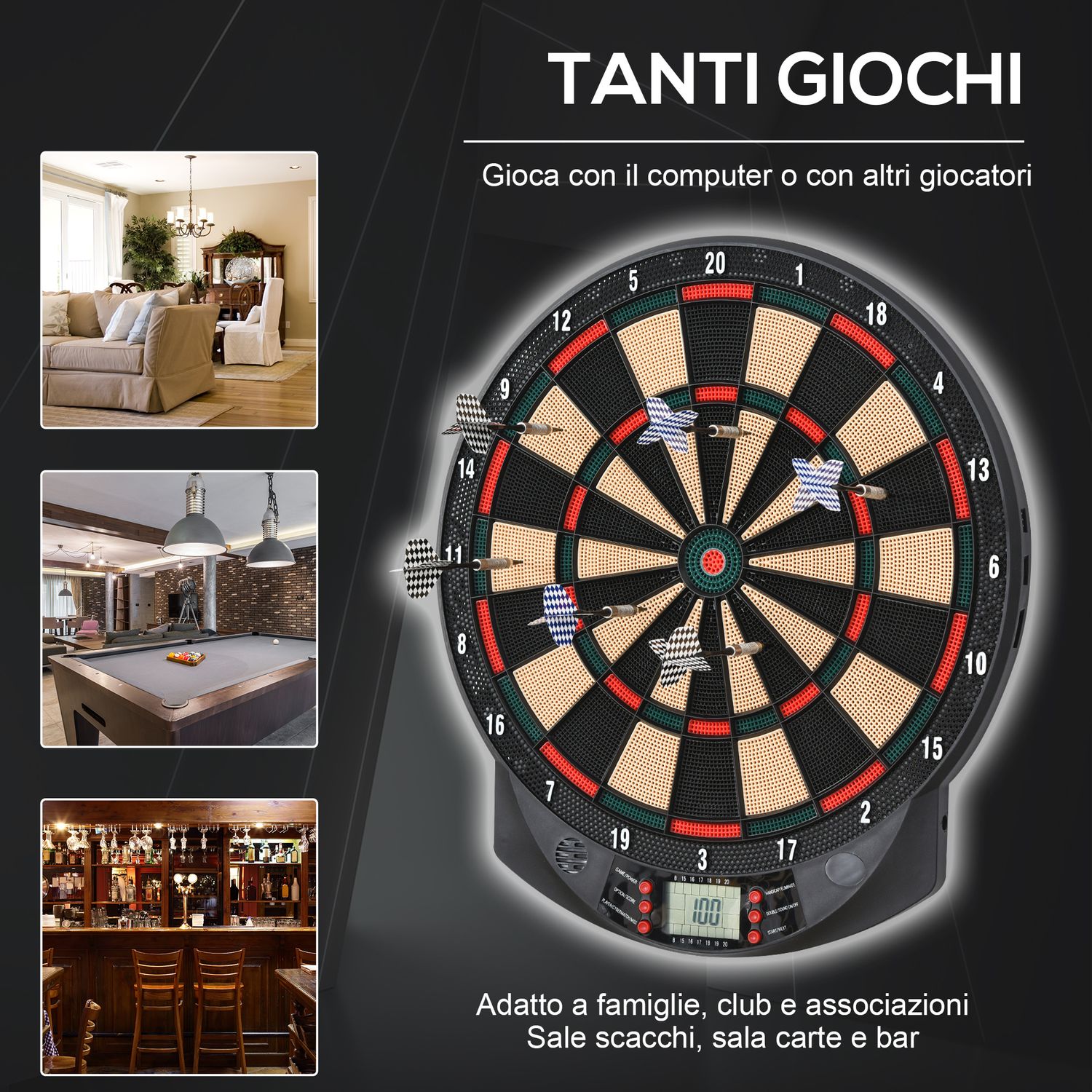 Bersaglio a freccette elettronico in pp con 6 freccette e tabellone segna punti, 44x39.5x 2.2cm, nero - 