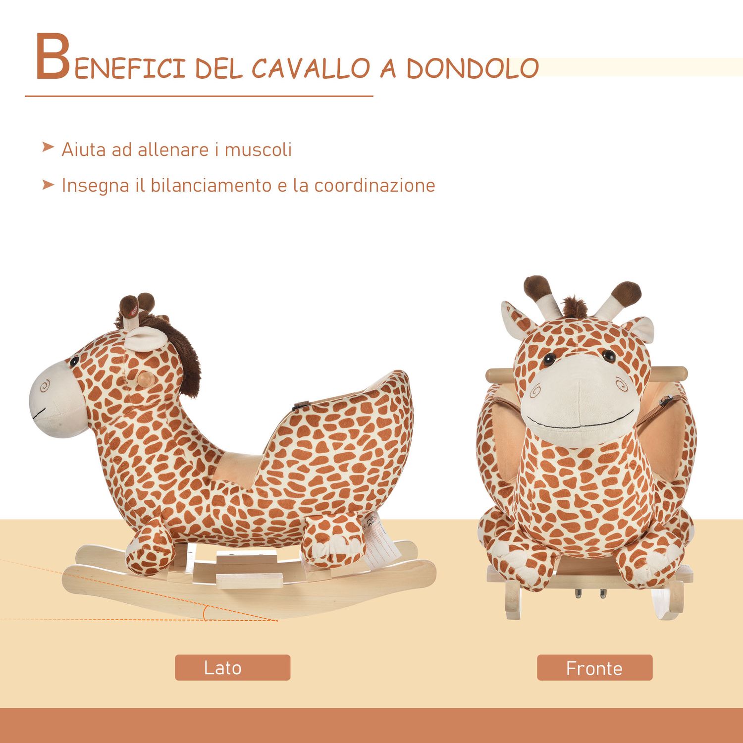 Cavallo a dondolo in legno giraffa per i bambini 60x33x45cm - 