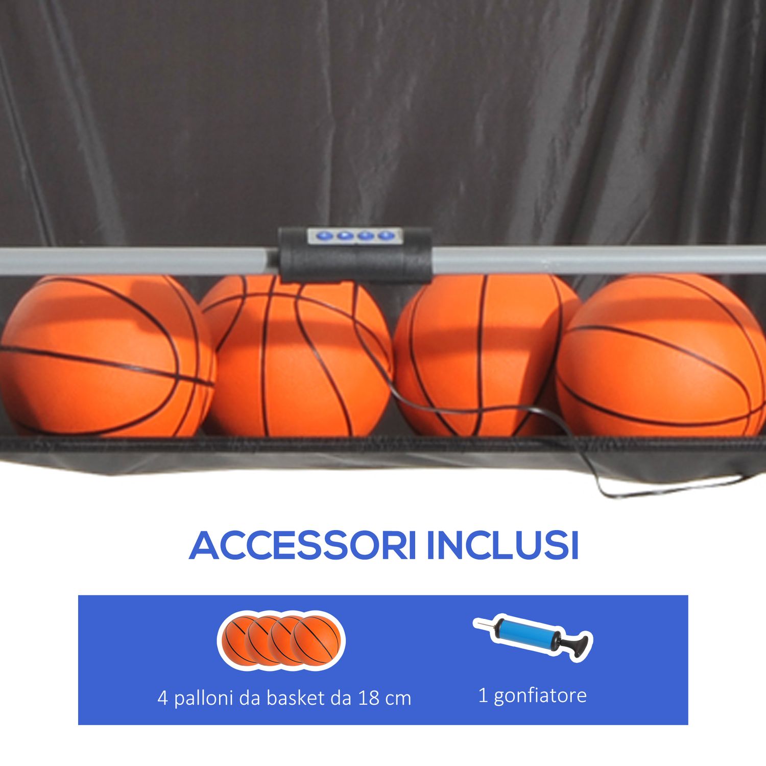 Canestri basket con tabellone led, 4 palloni e 8 modalità di gioco, 205x110x205 cm, bianco e nero - 