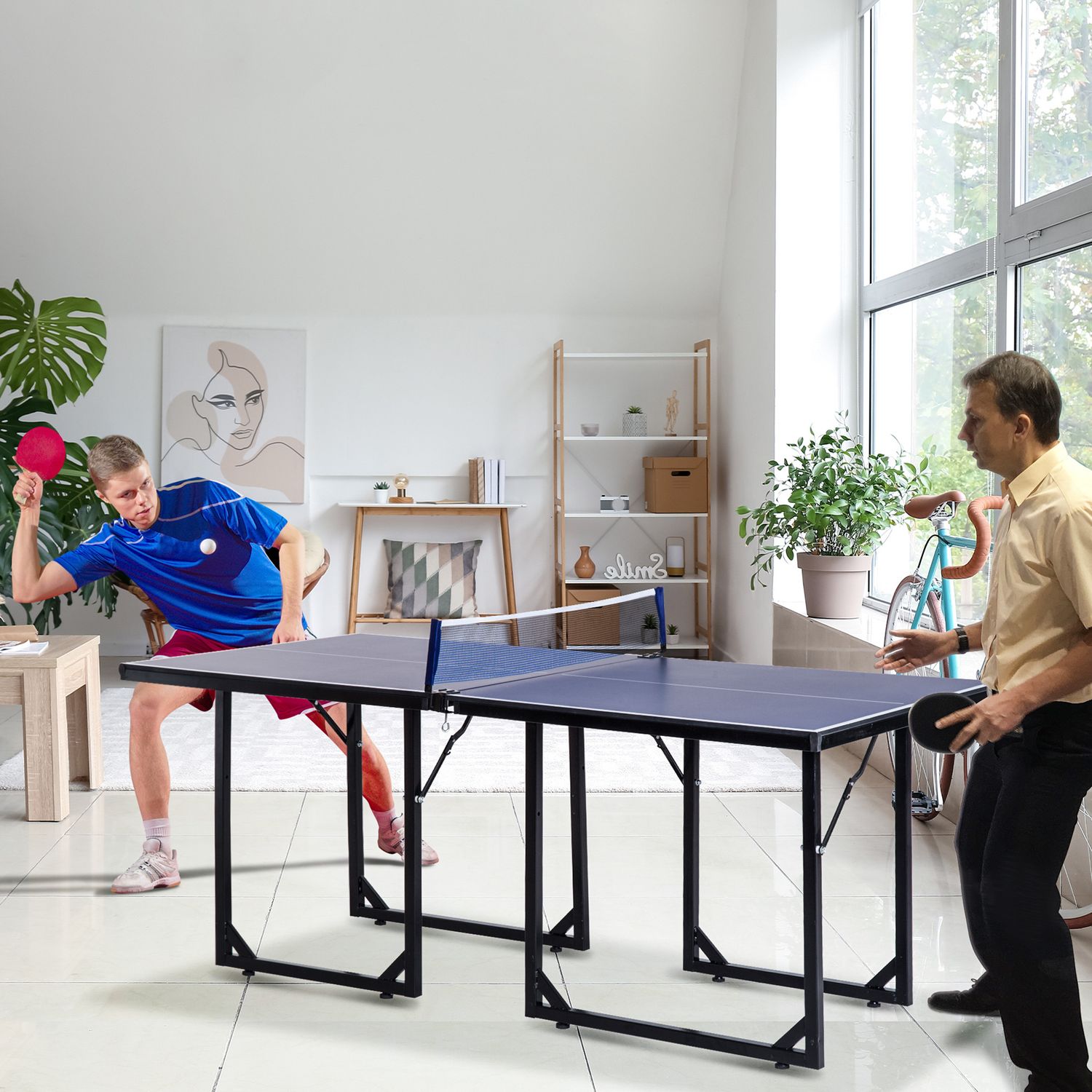 Tavolo da ping pong pieghevole e salvaspazio con rete da gioco per interno, in acciaio e mdf, 182x91x76cm, blu - 