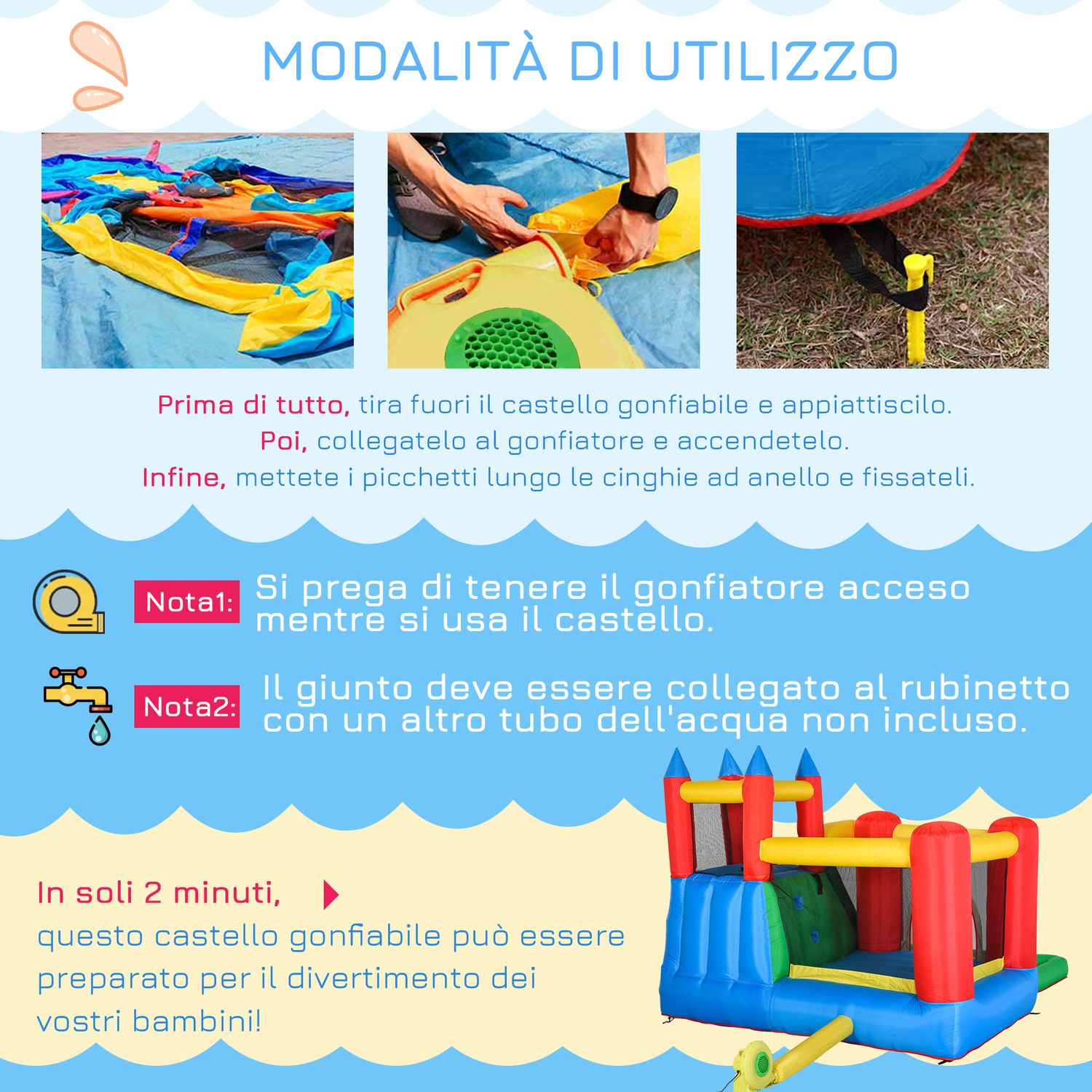 Gioco gonfiabile per bambini 3-8 anni con scivolo, trampolino, piscina, max 4 bambini, 330x245x215cm - 